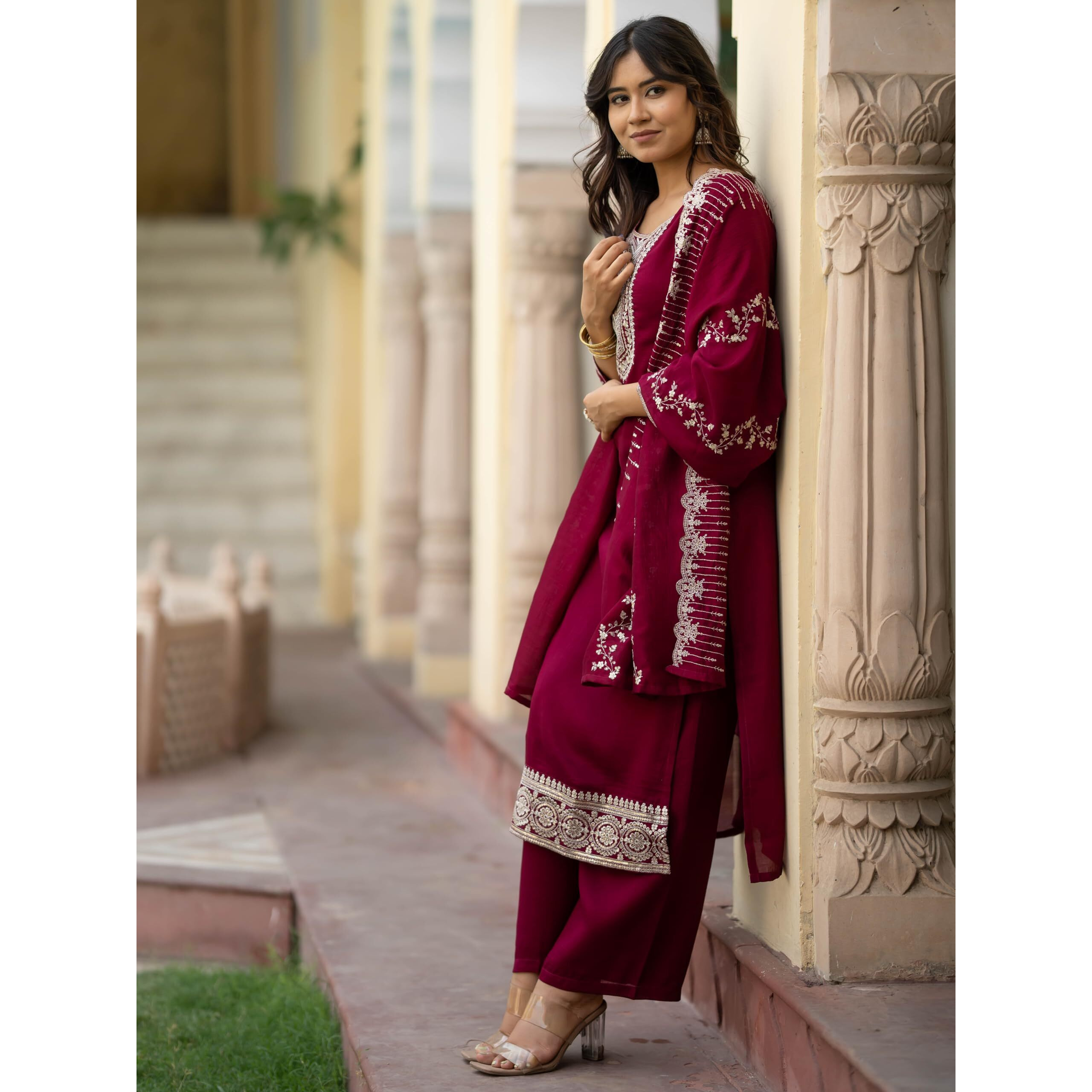 Navlik Women's Vichitra Silk Embroidered Straight Kurta with Pant and Dupatta Sets (NK-478)