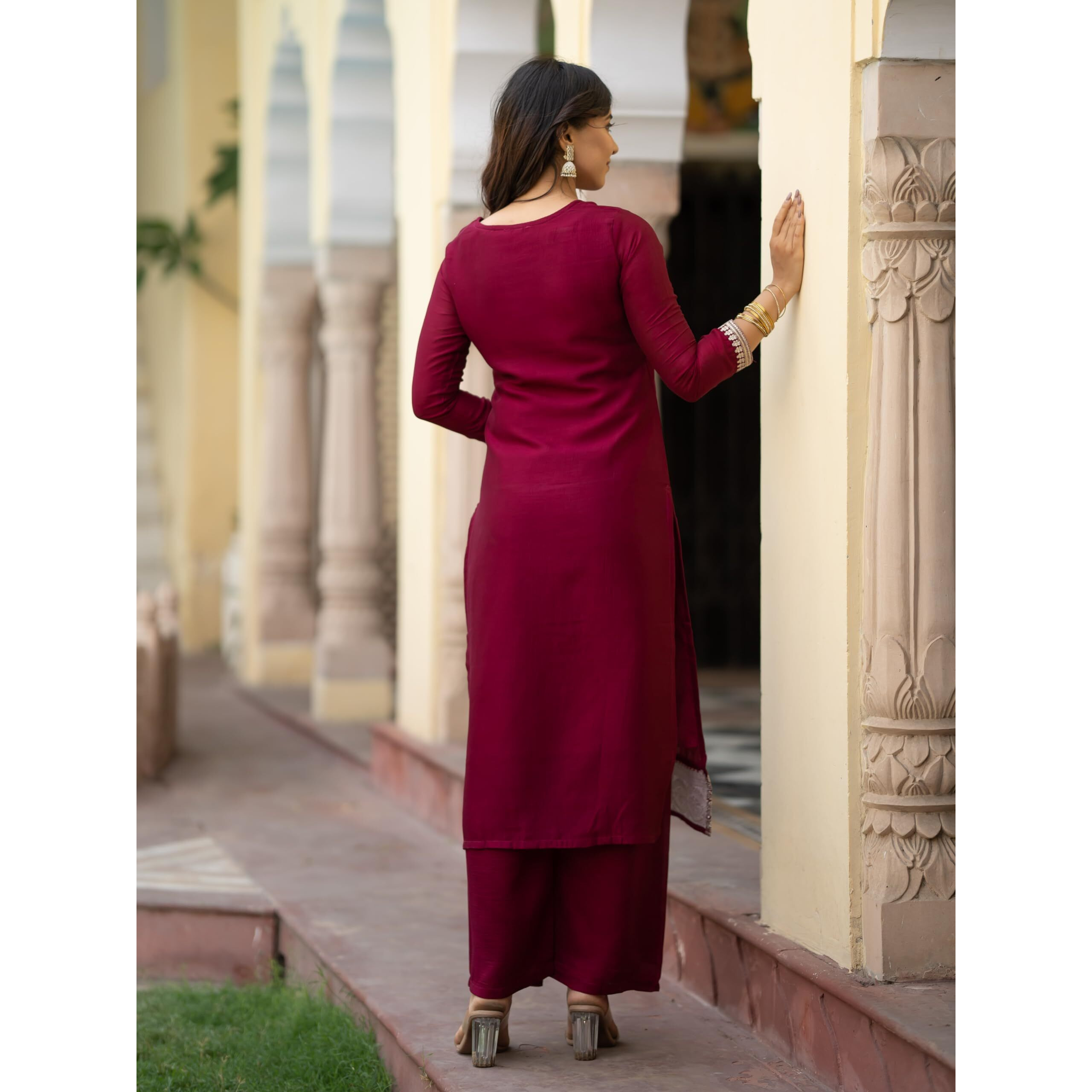 Navlik Women's Vichitra Silk Embroidered Straight Kurta with Pant and Dupatta Sets (NK-478)