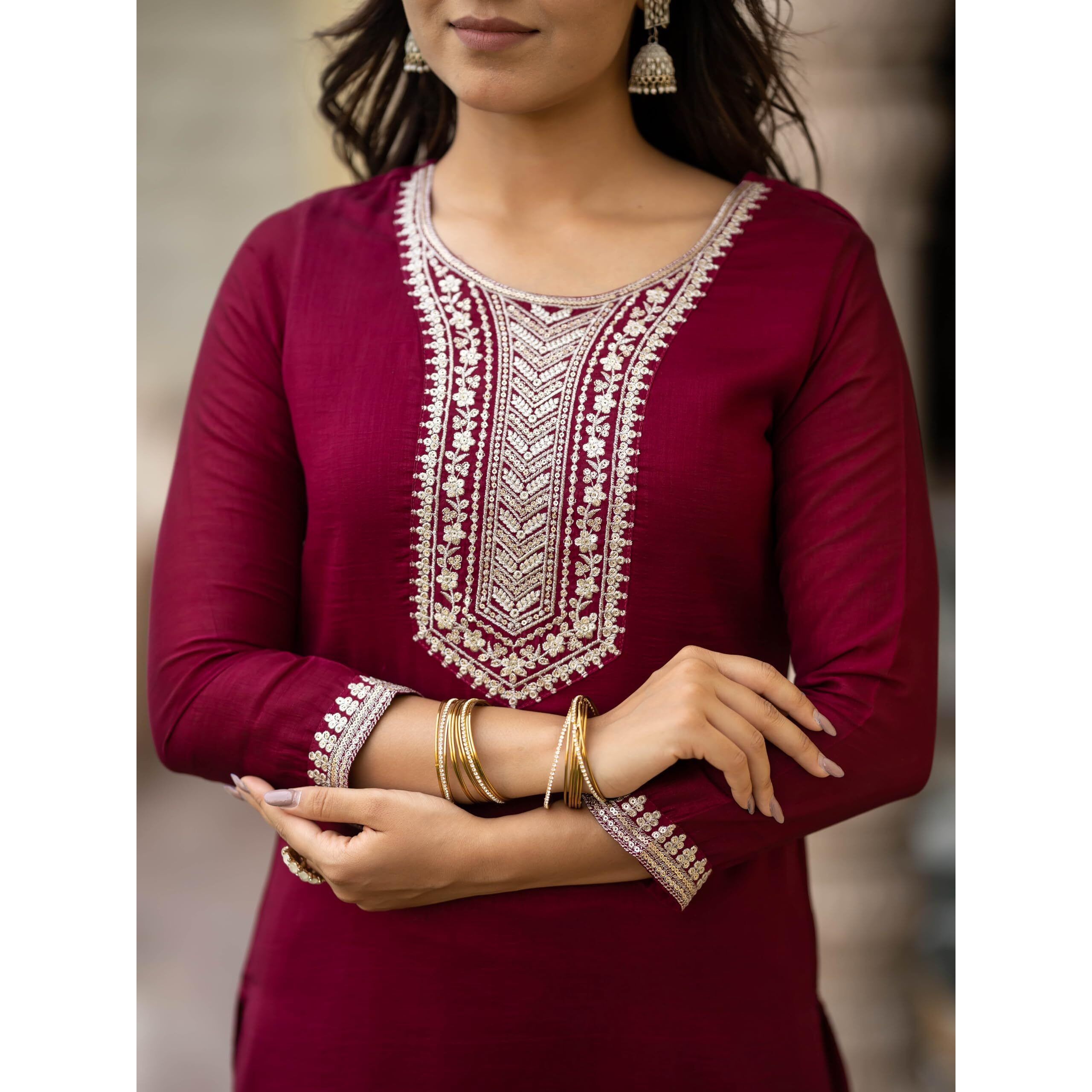 Navlik Women's Vichitra Silk Embroidered Straight Kurta with Pant and Dupatta Sets (NK-478)