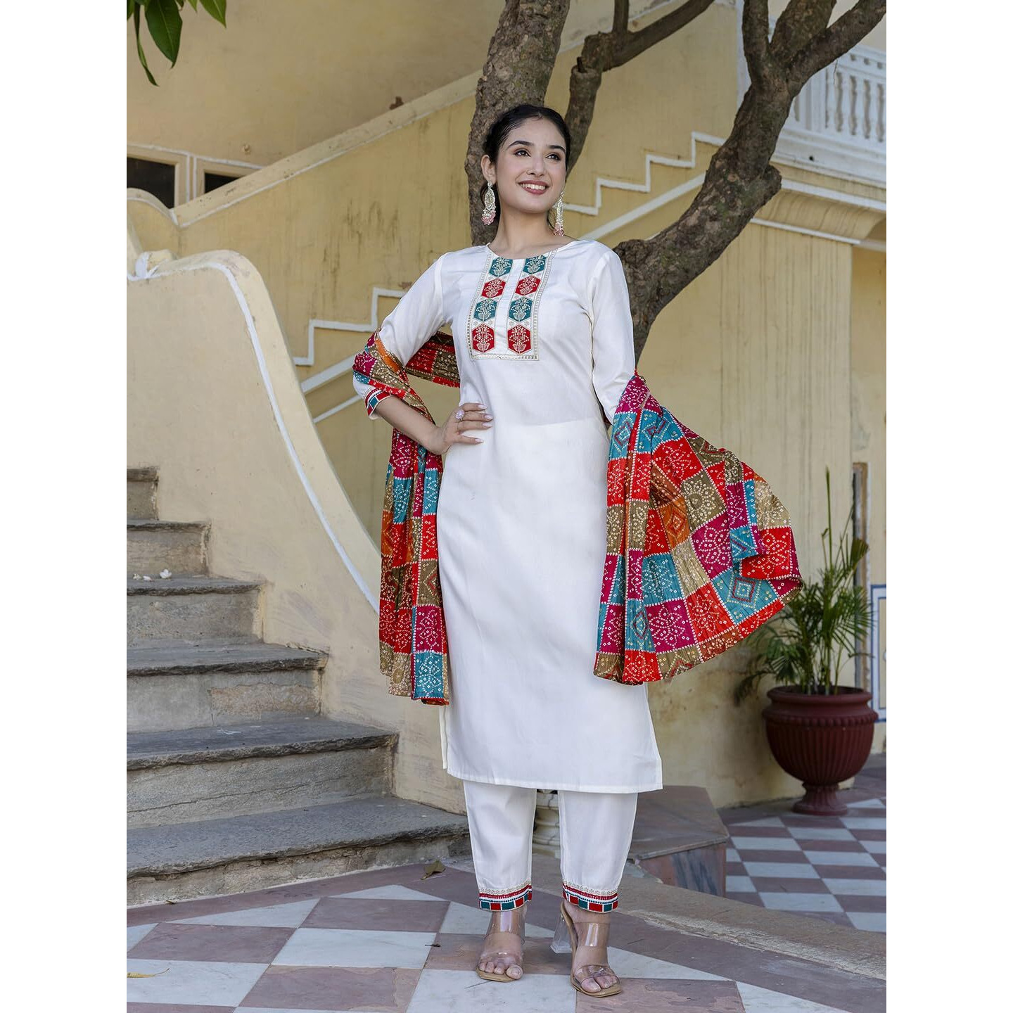 Navlik Women's Viscose Embroidered Straight Kurta with Pant and Dupatta Sets (NK-488)