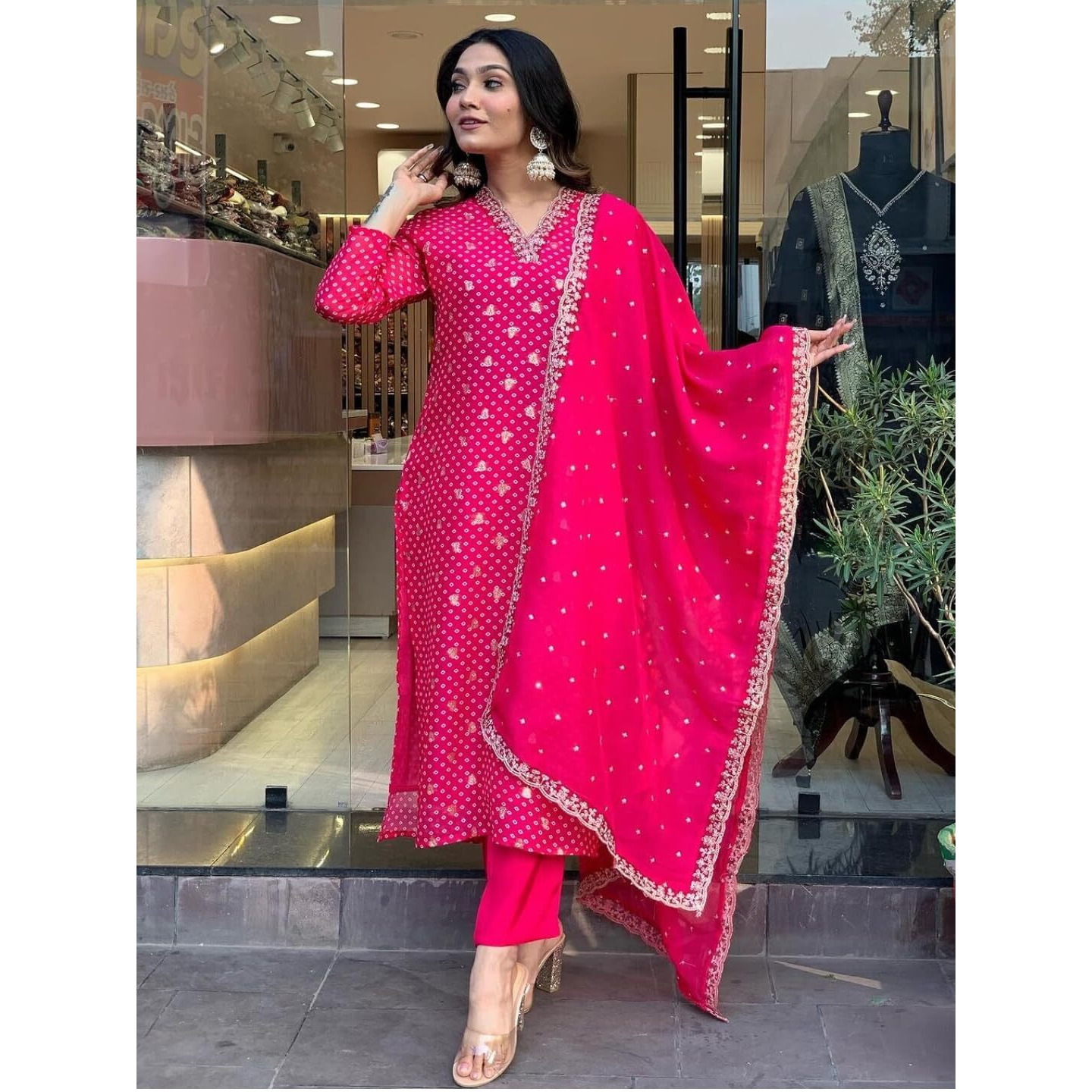 Navlik Women's Rani Silk Blend Embroidered and Printed Straight Kurta with Rayon Pant and Silk Blend Embroidered Dupatta Sets (NK-491)