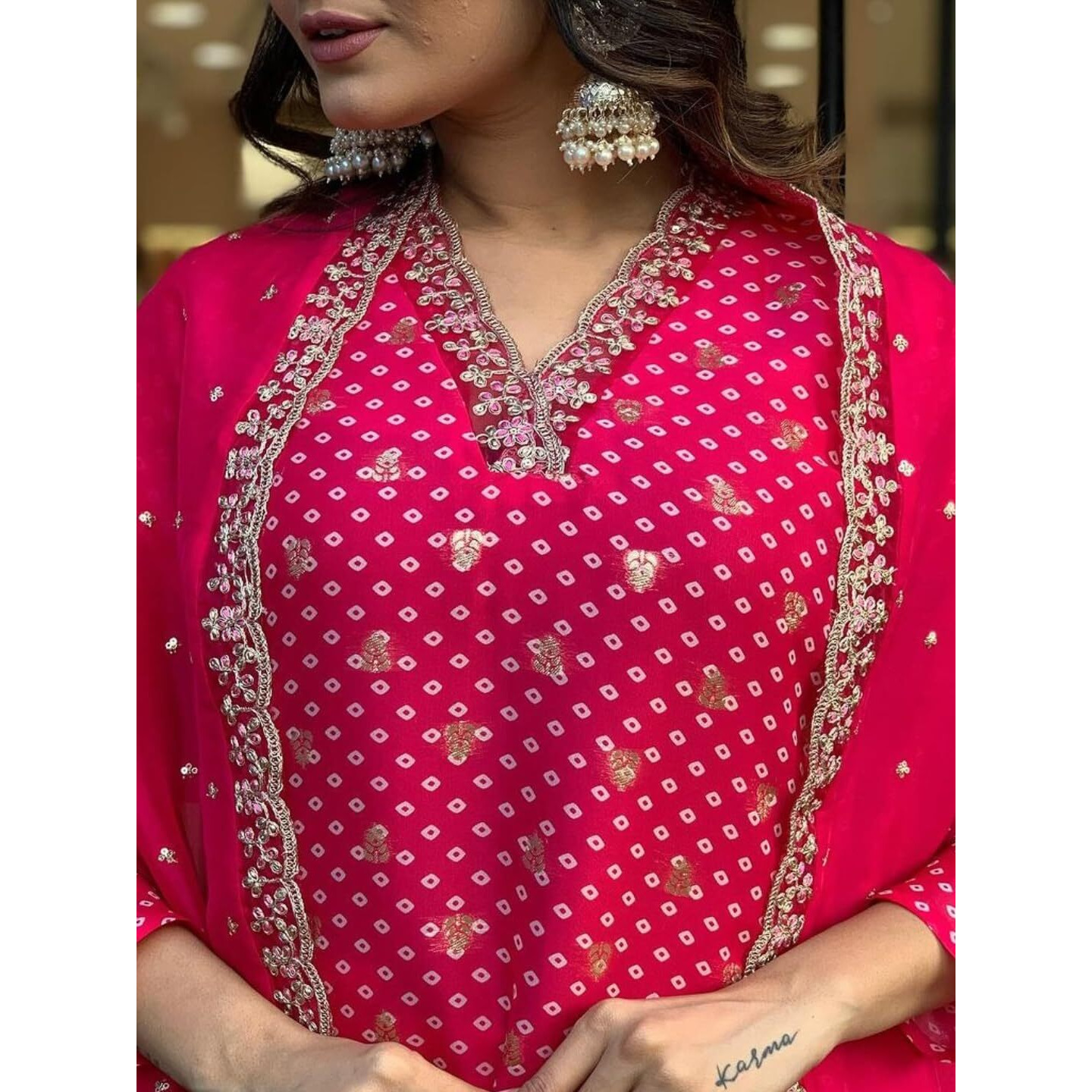 Navlik Women's Rani Silk Blend Embroidered and Printed Straight Kurta with Rayon Pant and Silk Blend Embroidered Dupatta Sets (NK-491)