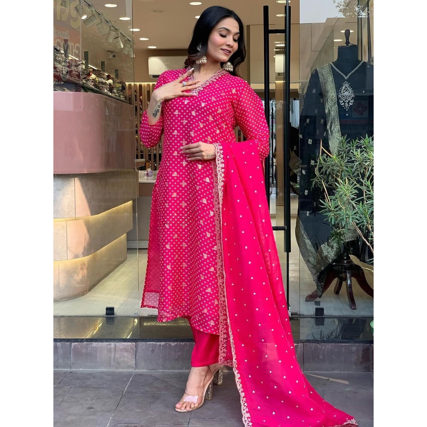 Navlik Women's Rani Silk Blend Embroidered and Printed Straight Kurta with Rayon Pant and Silk Blend Embroidered Dupatta Sets (NK-491)