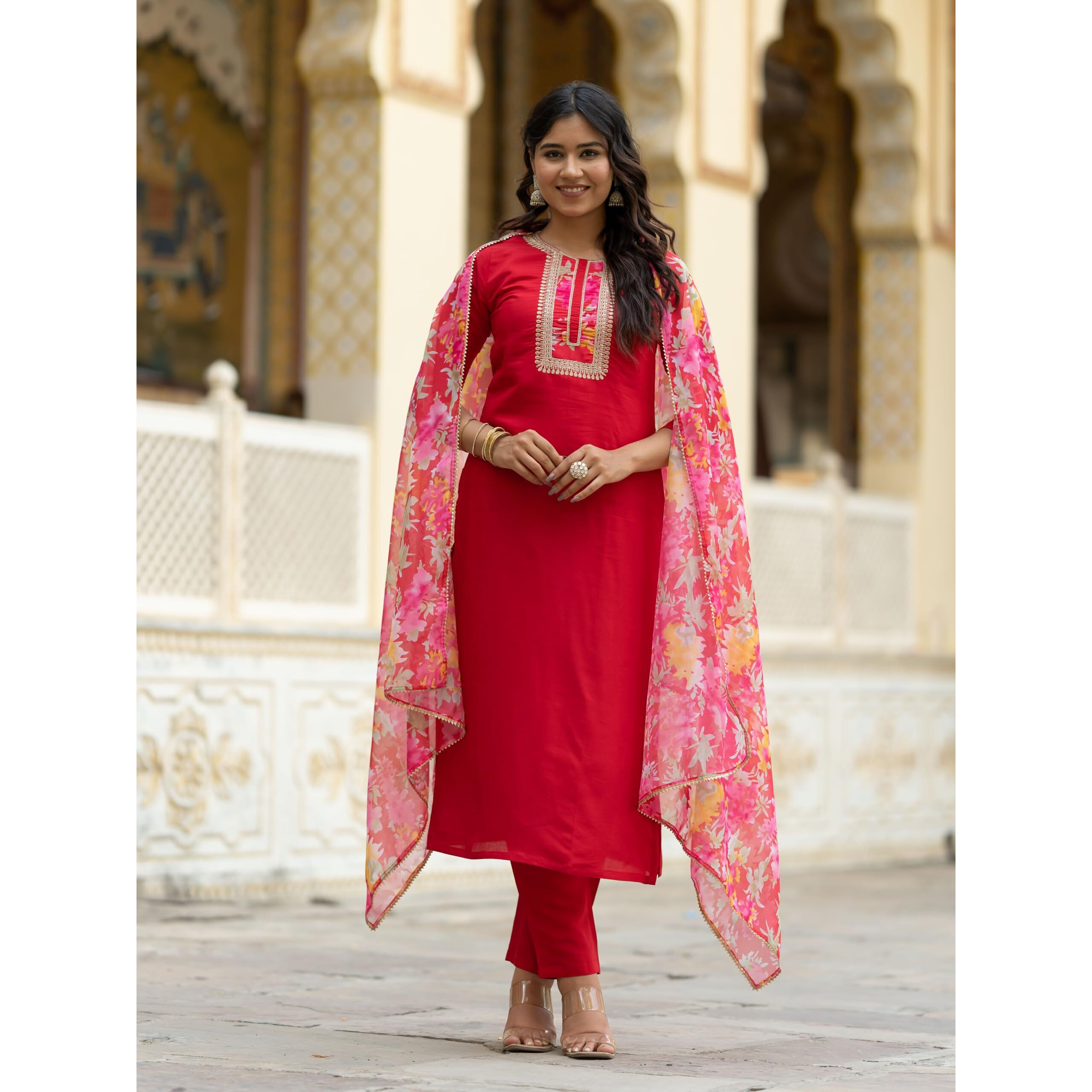 Navlik Women's Rayon Embroidered Straight Kurta with Pant and Dupatta Sets (NK-498)