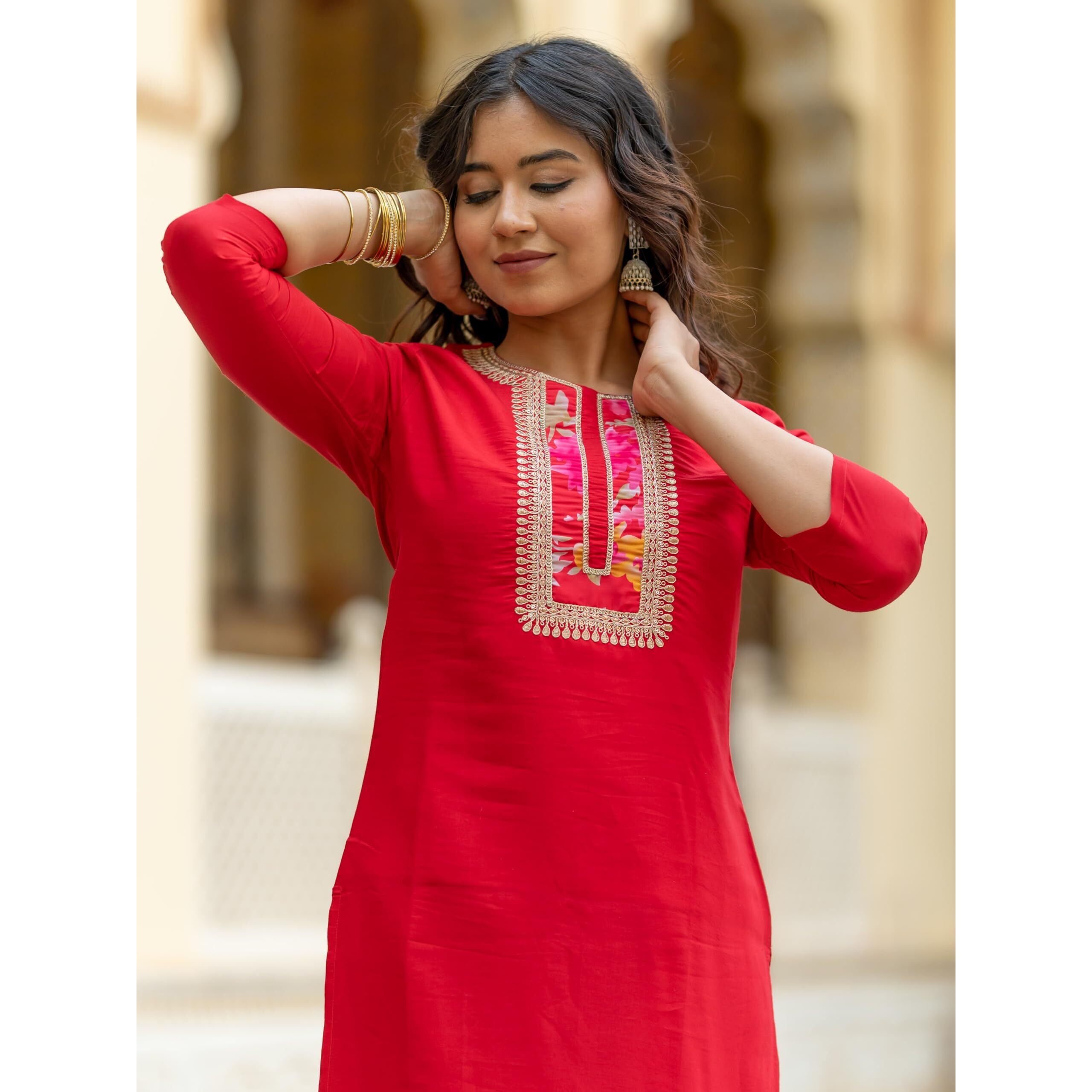 Navlik Women's Rayon Embroidered Straight Kurta with Pant and Dupatta Sets (NK-498)