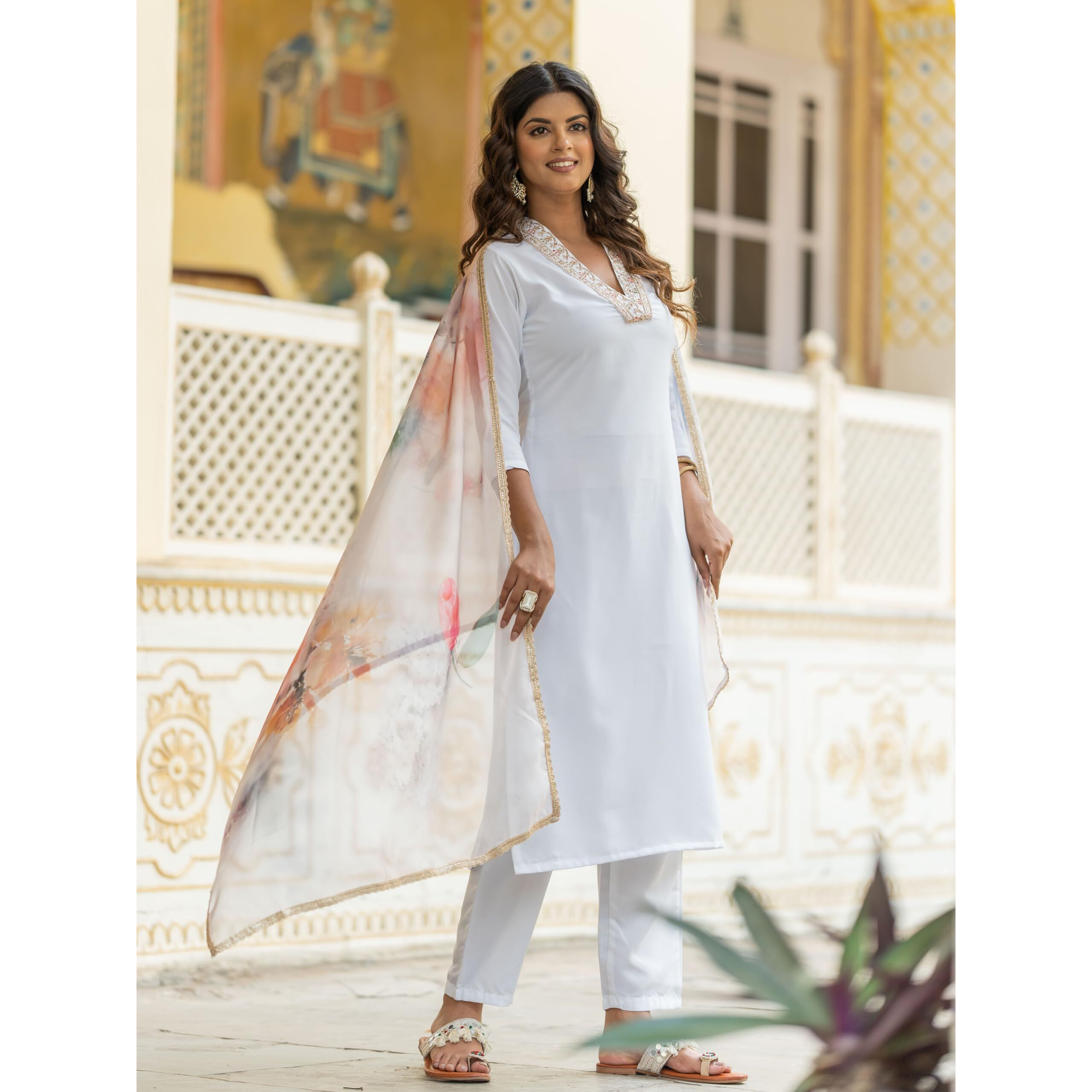 Navlik Women's Rayon Embroidered Straight Kurta with Pant and Dupatta Sets (NK-502)
