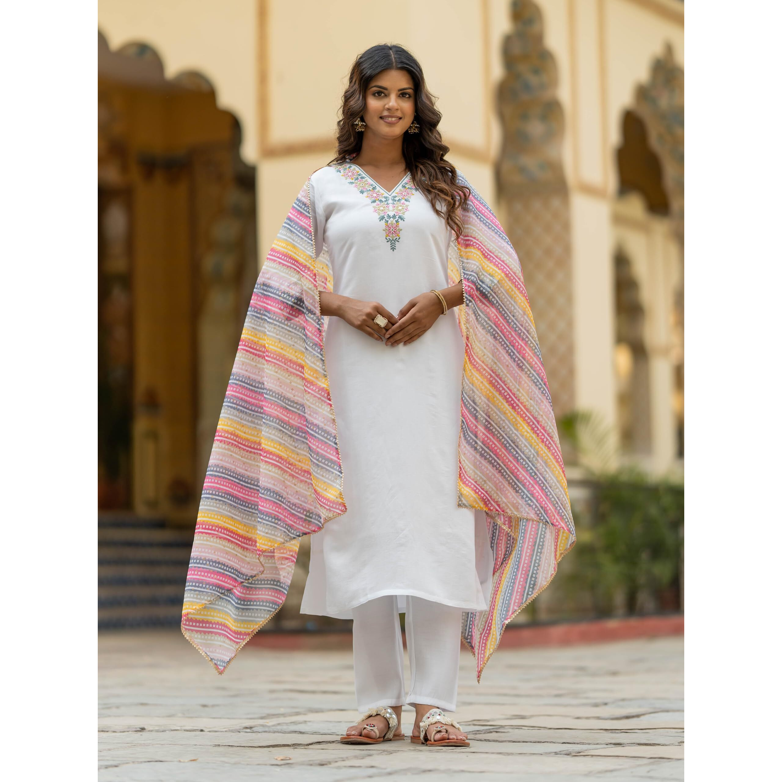 Navlik Women's Rayon Embroidered Straight Kurta with Pant And Dupatta Sets (NK-504)