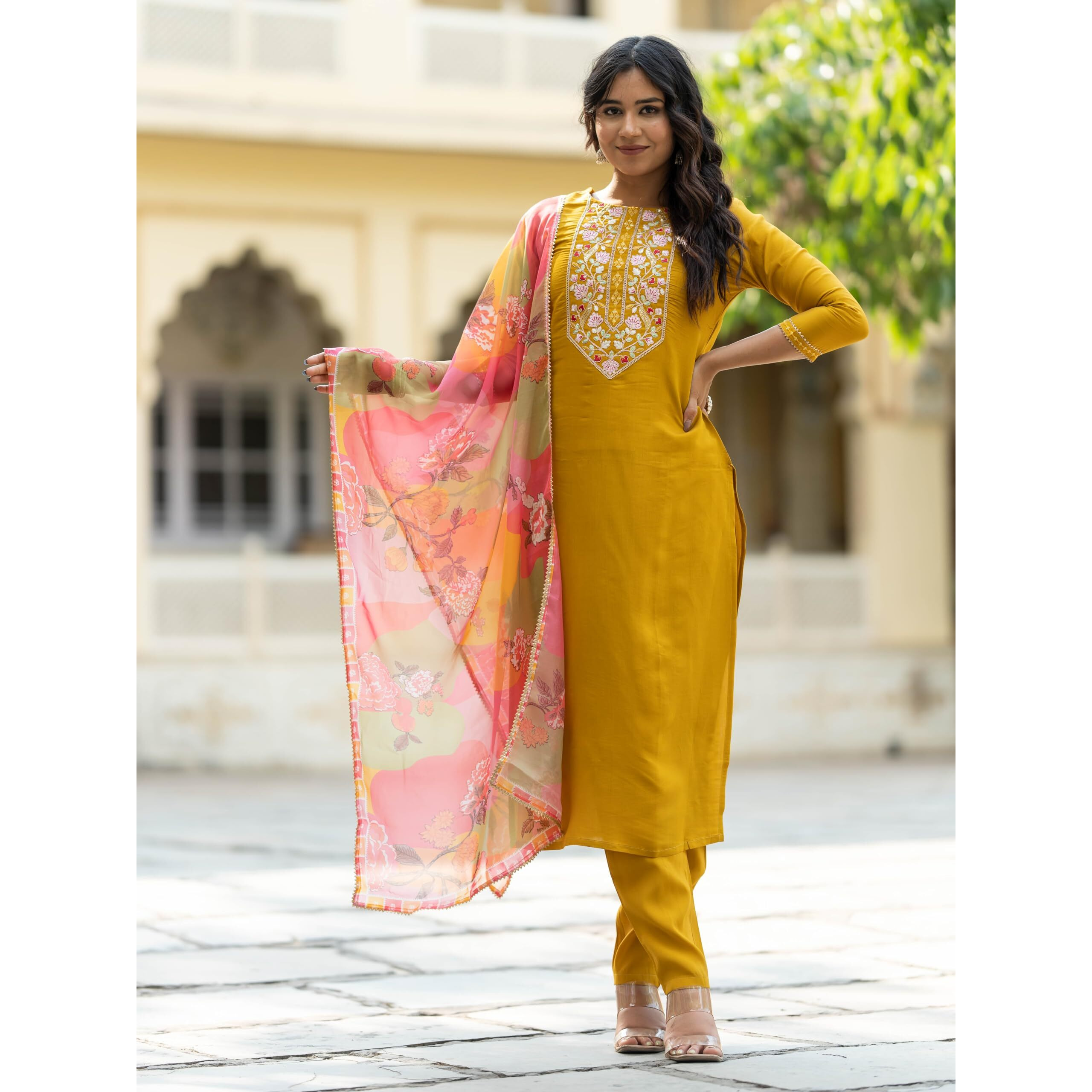 Navlik Women's Rayon Embroidered Straight Kurta with Pant and Dupatta Sets (NK-506)