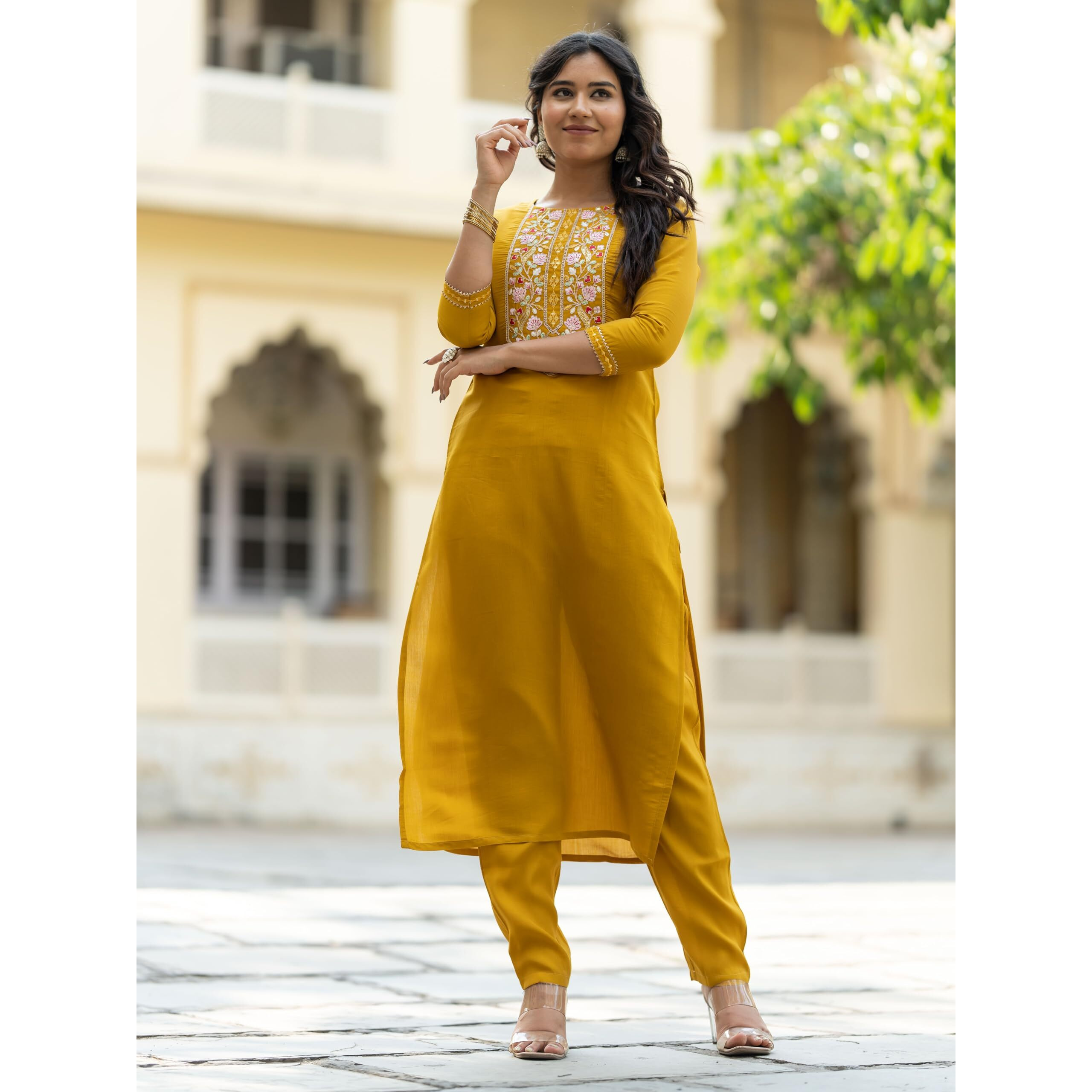 Navlik Women's Rayon Embroidered Straight Kurta with Pant and Dupatta Sets (NK-506)