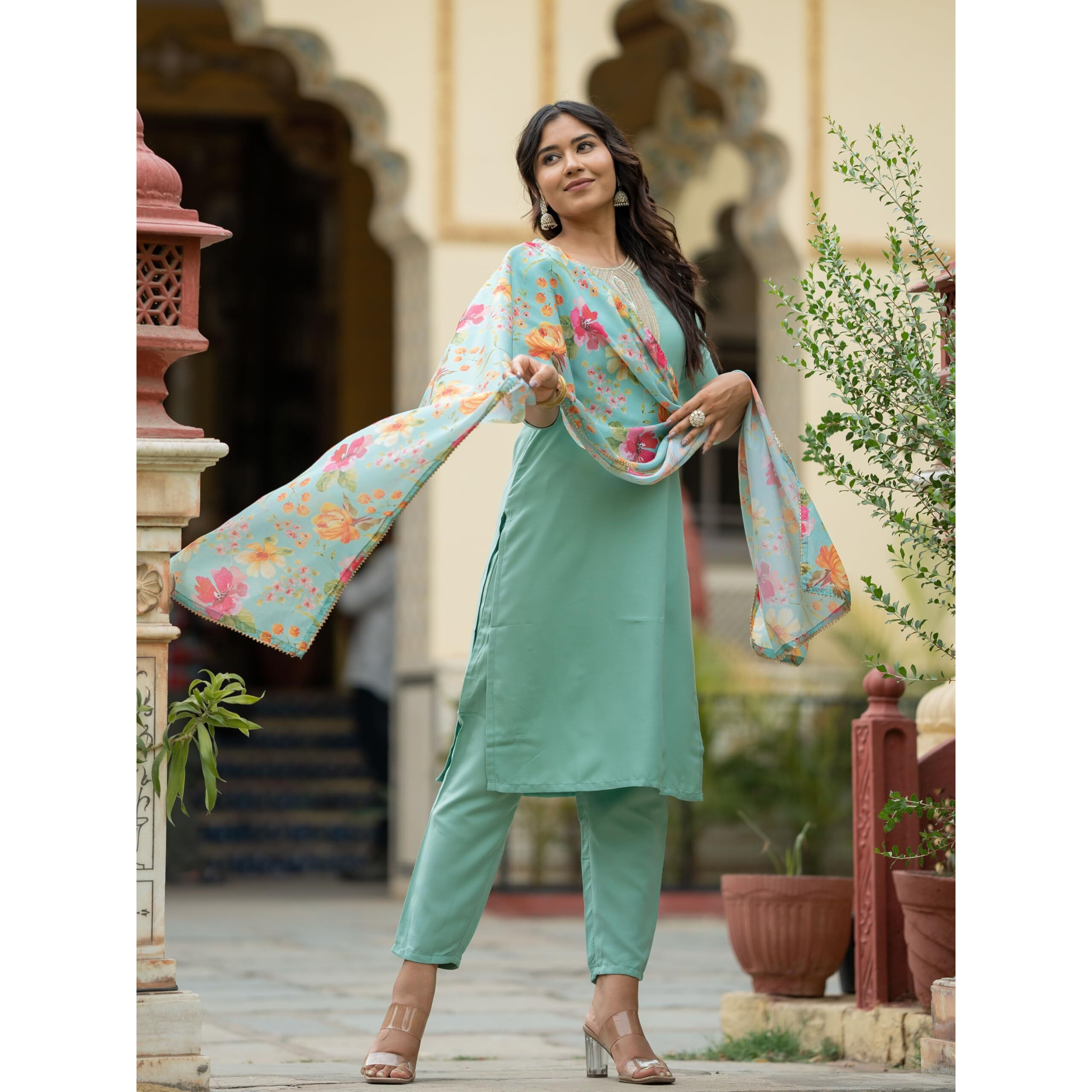 Navlik Women's Rayon Embroidery Printed Straight Kurta with Pant and Dupatta Sets (NK-508)