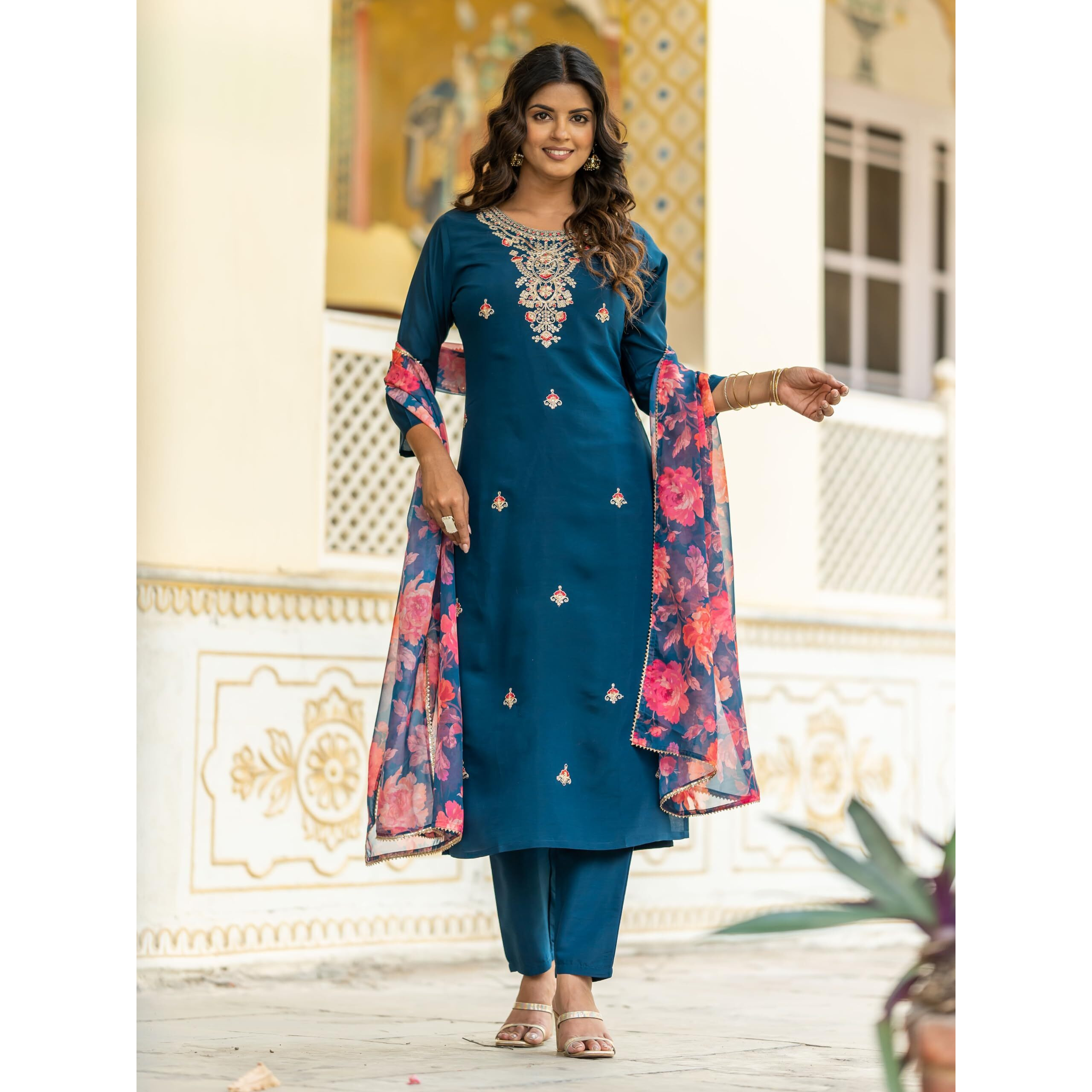 Navlik Women's Rayon Embroidery Printed Straight Kurta with Pant and Dupatta Sets (NK-513)