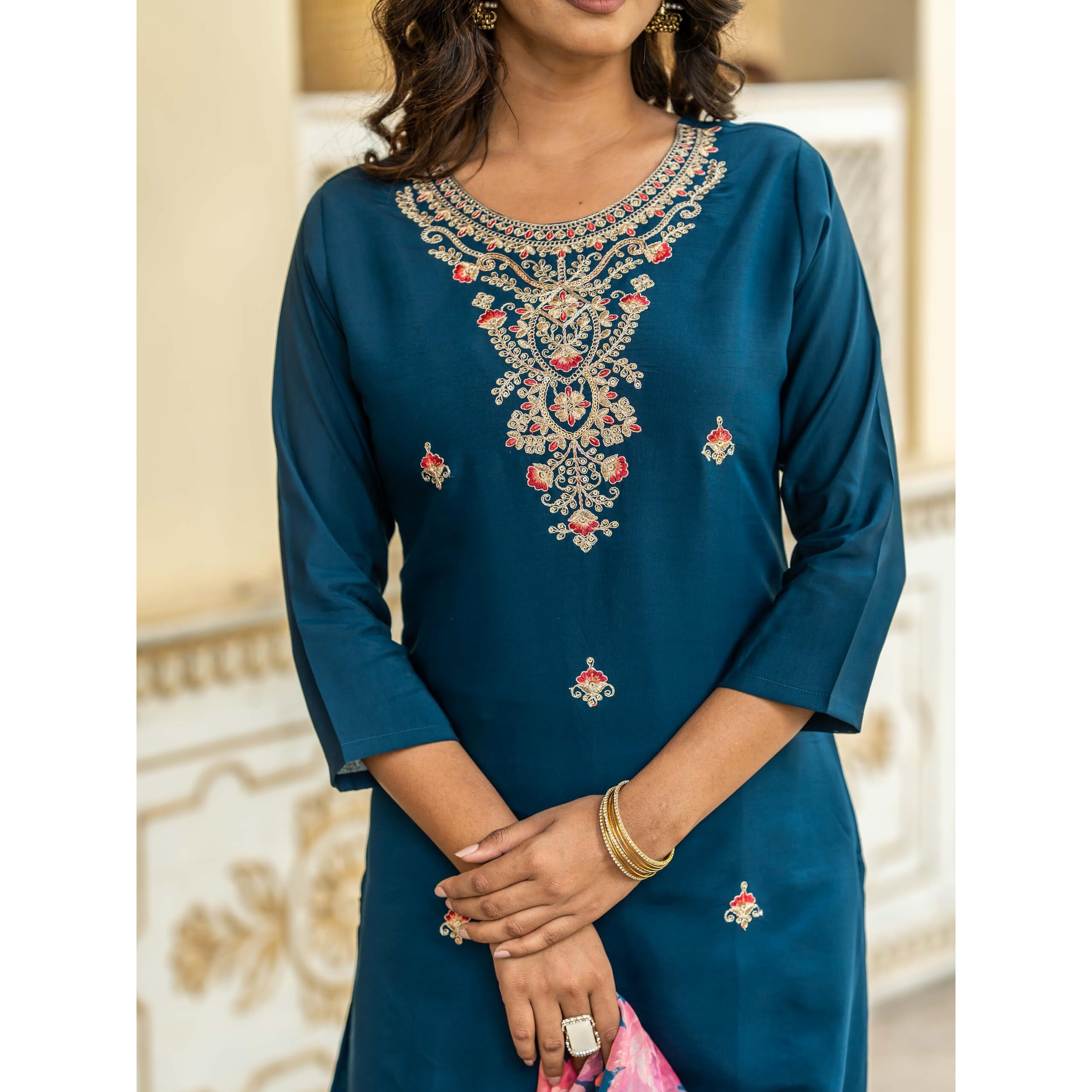 Navlik Women's Rayon Embroidery Printed Straight Kurta with Pant and Dupatta Sets (NK-513)