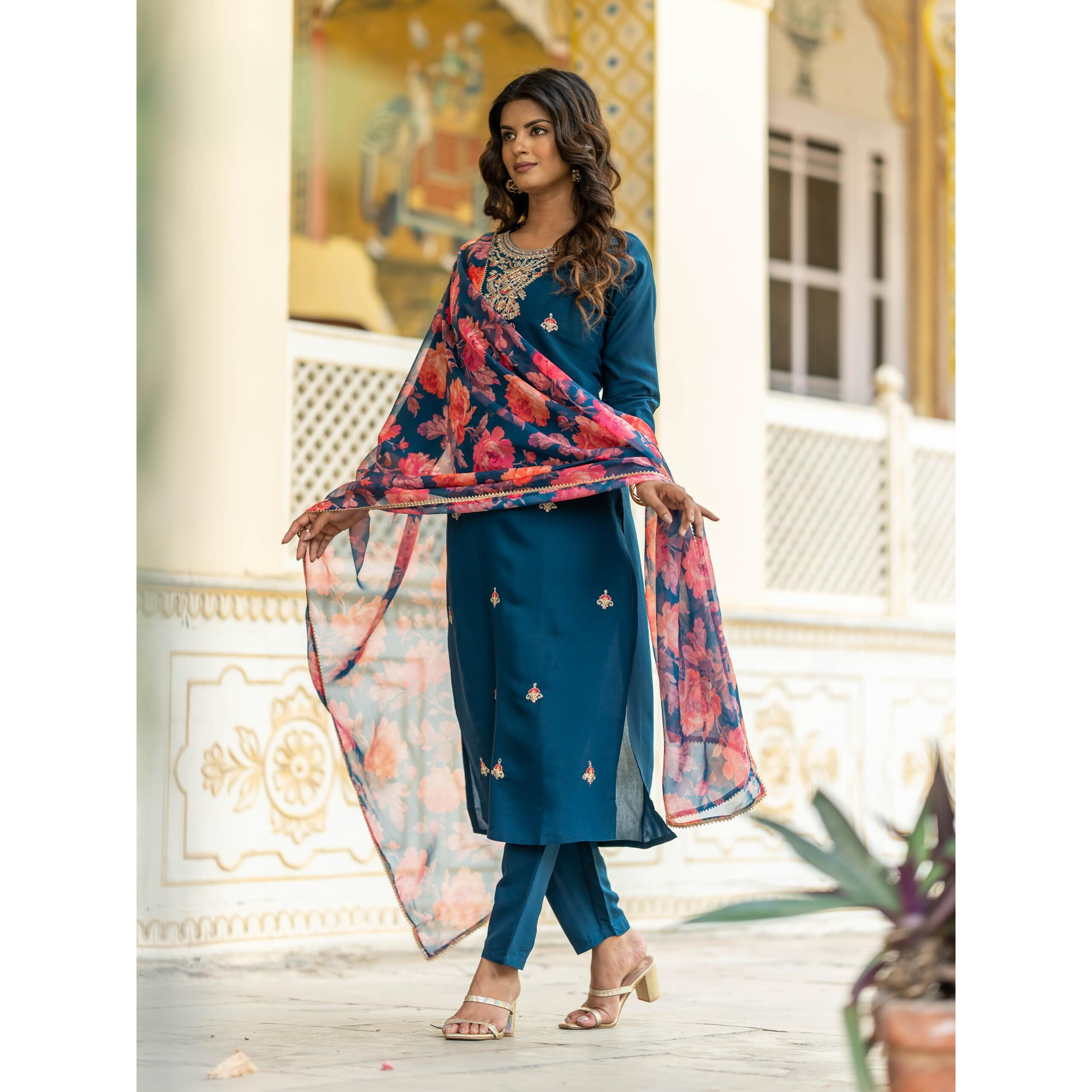 Navlik Women's Rayon Embroidery Printed Straight Kurta with Pant and Dupatta Sets (NK-513)