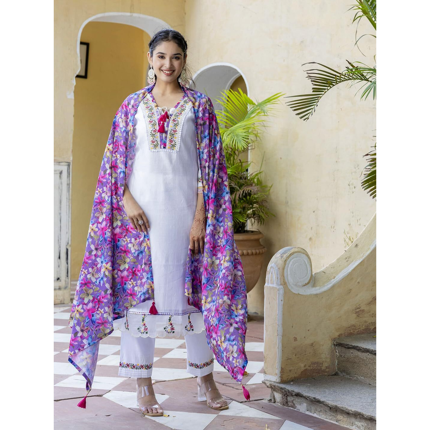 Navlik Women's Chanderi Embroidered Straight Kurta with Pant and Dupatta Sets (NK-523)