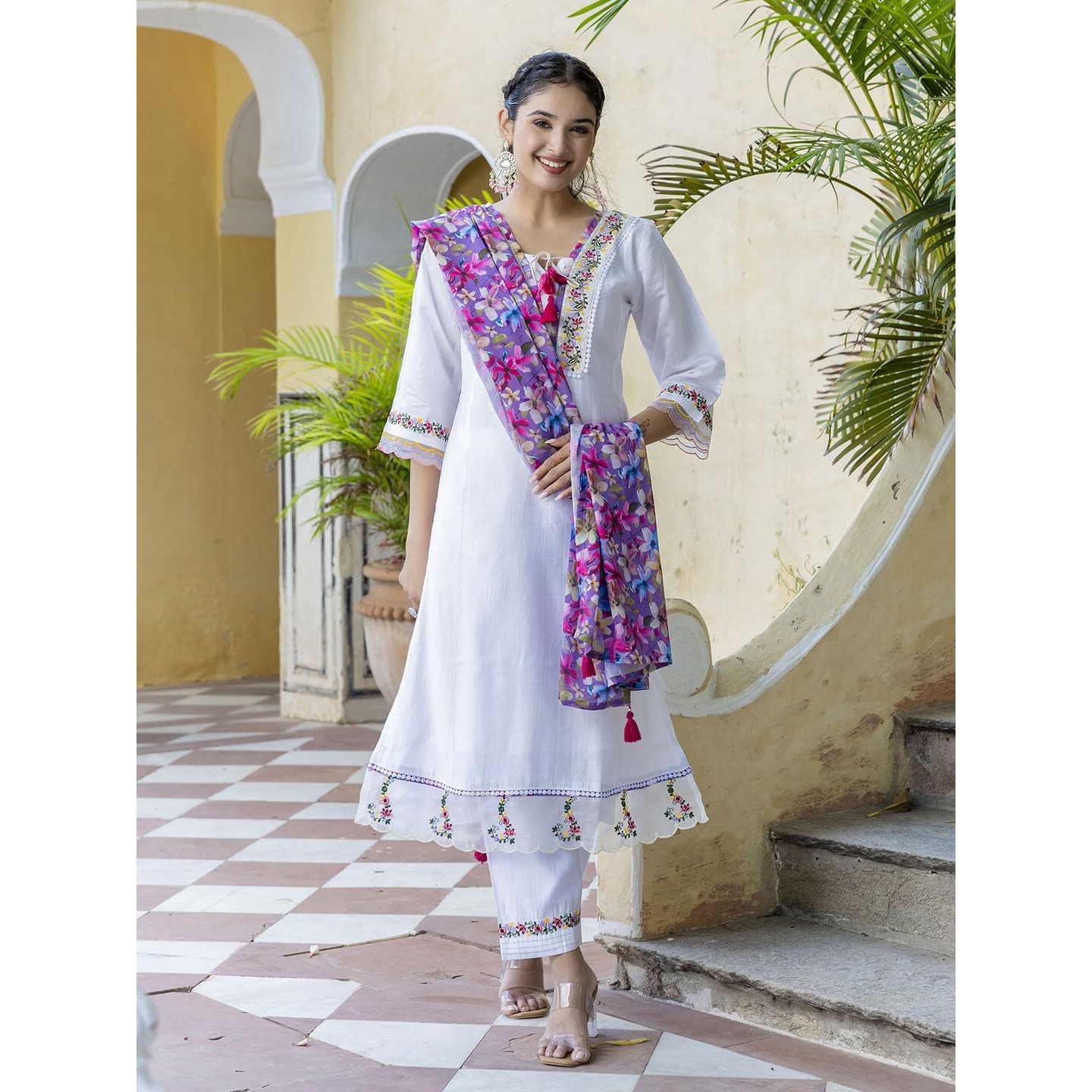 Navlik Women's Chanderi Embroidered Straight Kurta with Pant and Dupatta Sets (NK-523)