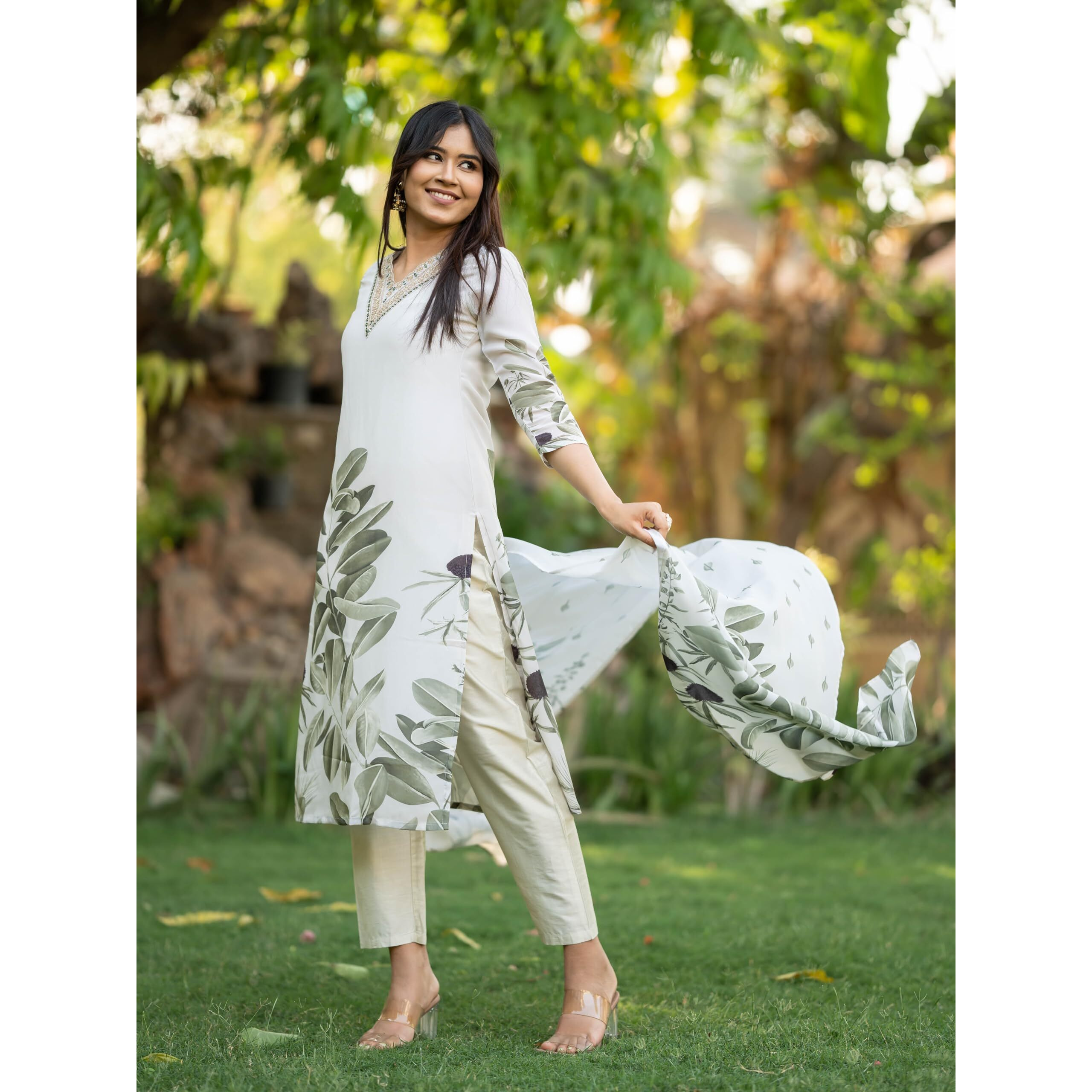 Navlik Women's French Crepe Embroidery Printed Straight Kurta with Pant and Dupatta Sets (NK-525)