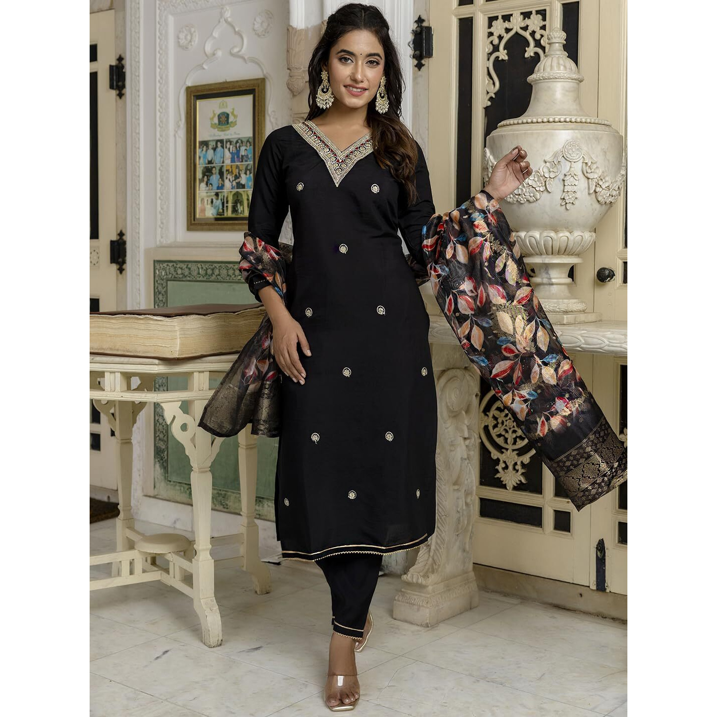 Navlik Women's Rayon Slub Embroidered Straight Kurta with Pant and Dupatta Sets (NK-542)
