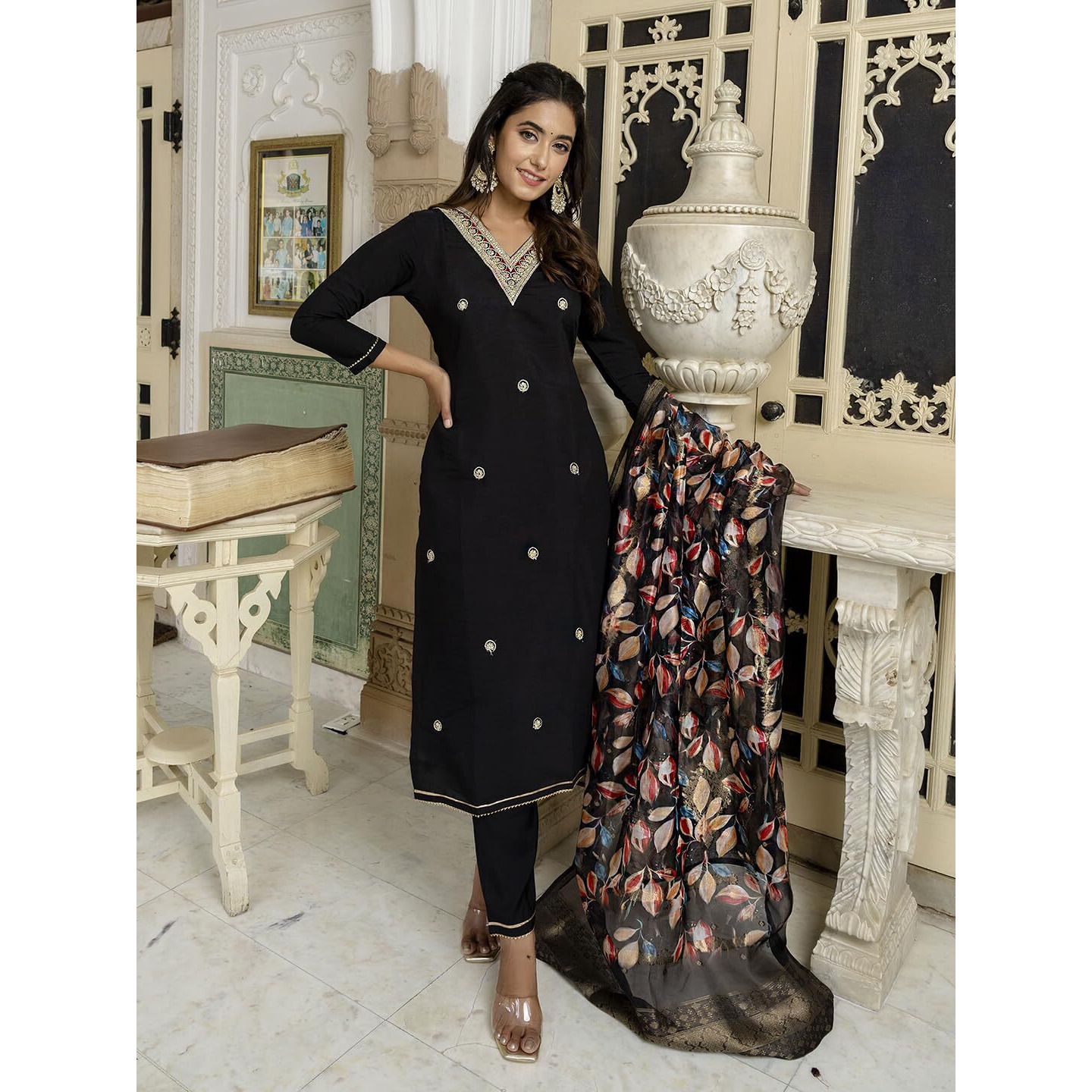 Navlik Women's Rayon Slub Embroidered Straight Kurta with Pant and Dupatta Sets (NK-542)