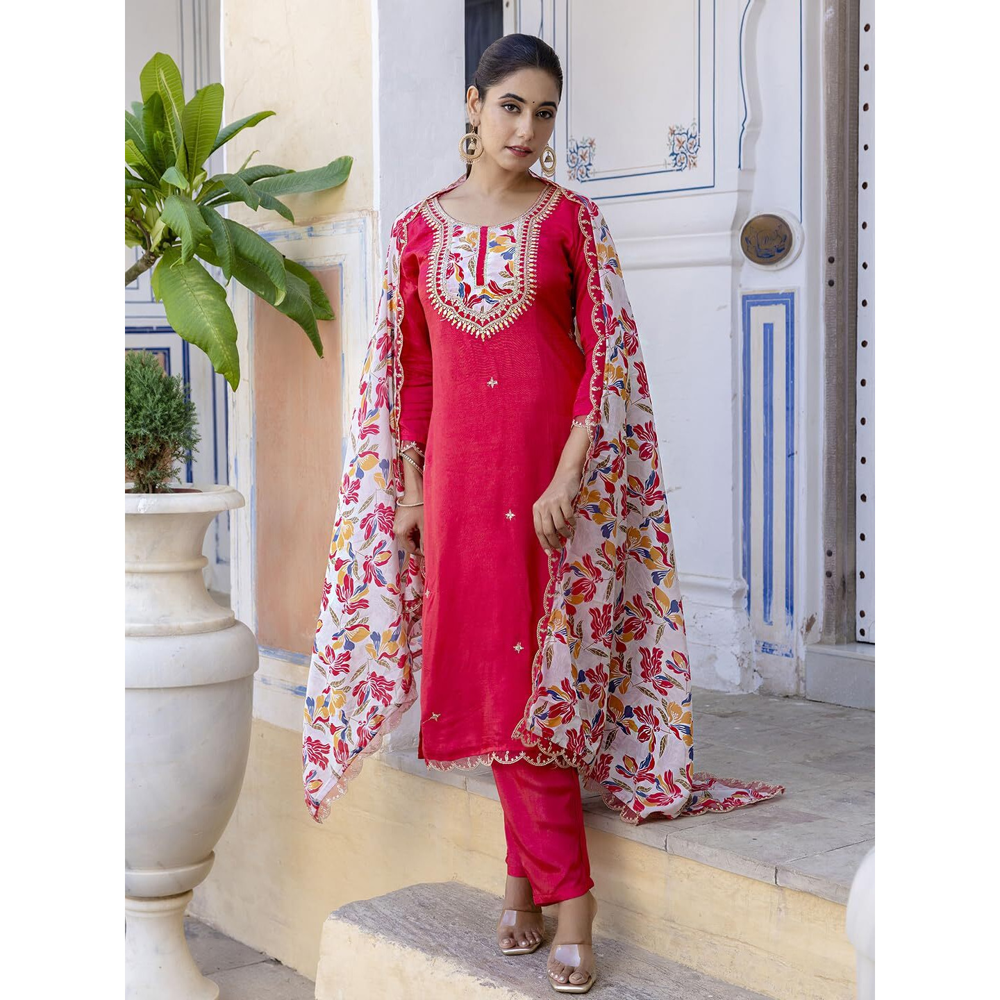 Navlik Women's BSY Viscose Embroidered Straight Kurta with Pant and Dupatta Sets (NK-544)