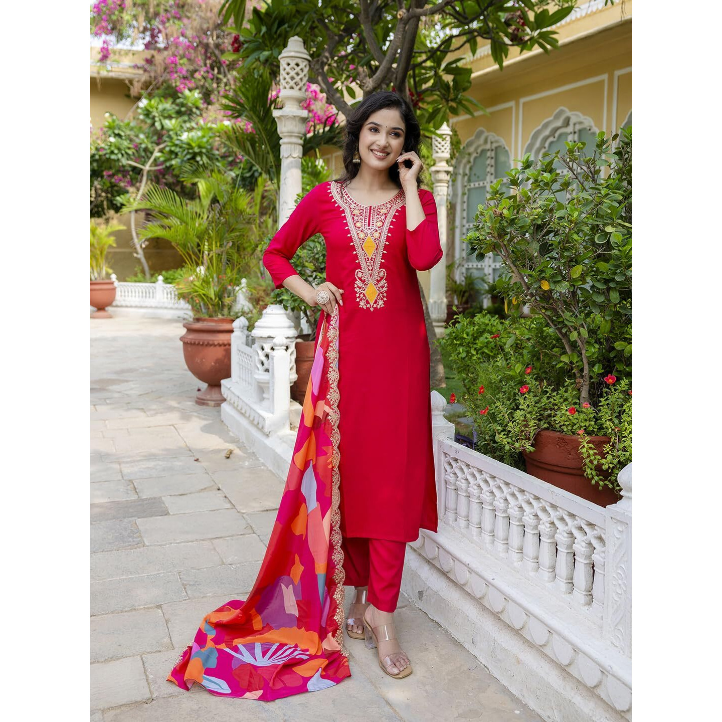 Navlik Women's Viscose Silk Embroidered Straight Kurta with Pant and Dupatta Sets (NK-546)