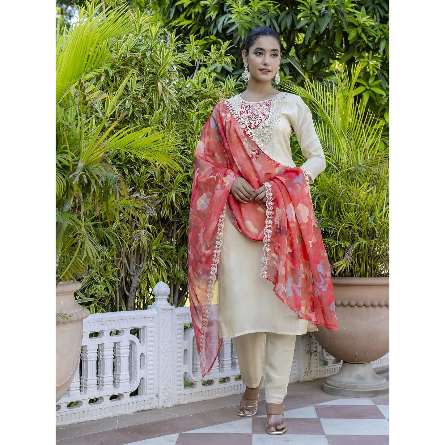 Navlik Women's Chanderi Silk Embroidered Straight Kurta with Pant and Dupatta Sets (NK-547)