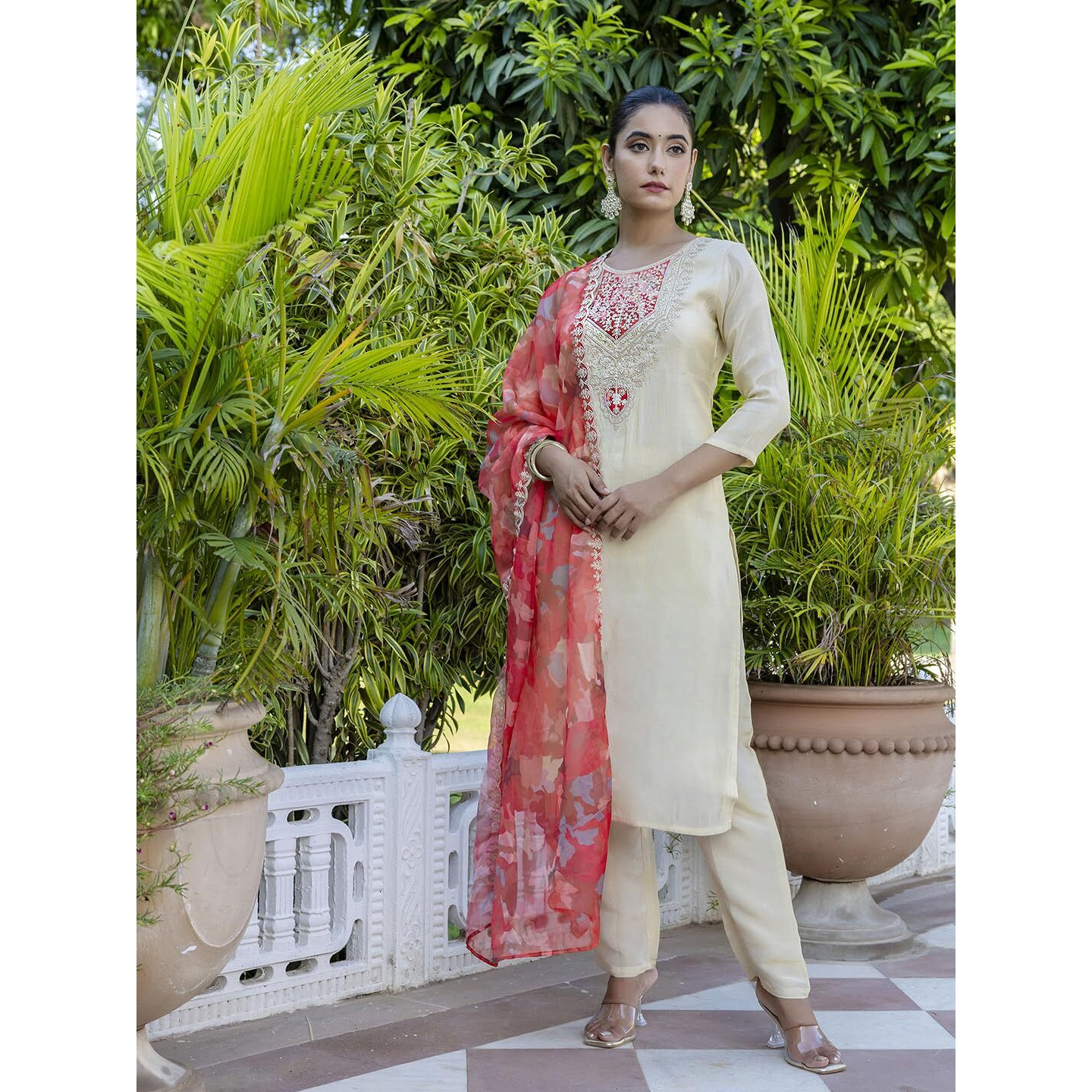 Navlik Women's Chanderi Silk Embroidered Straight Kurta with Pant and Dupatta Sets (NK-547)