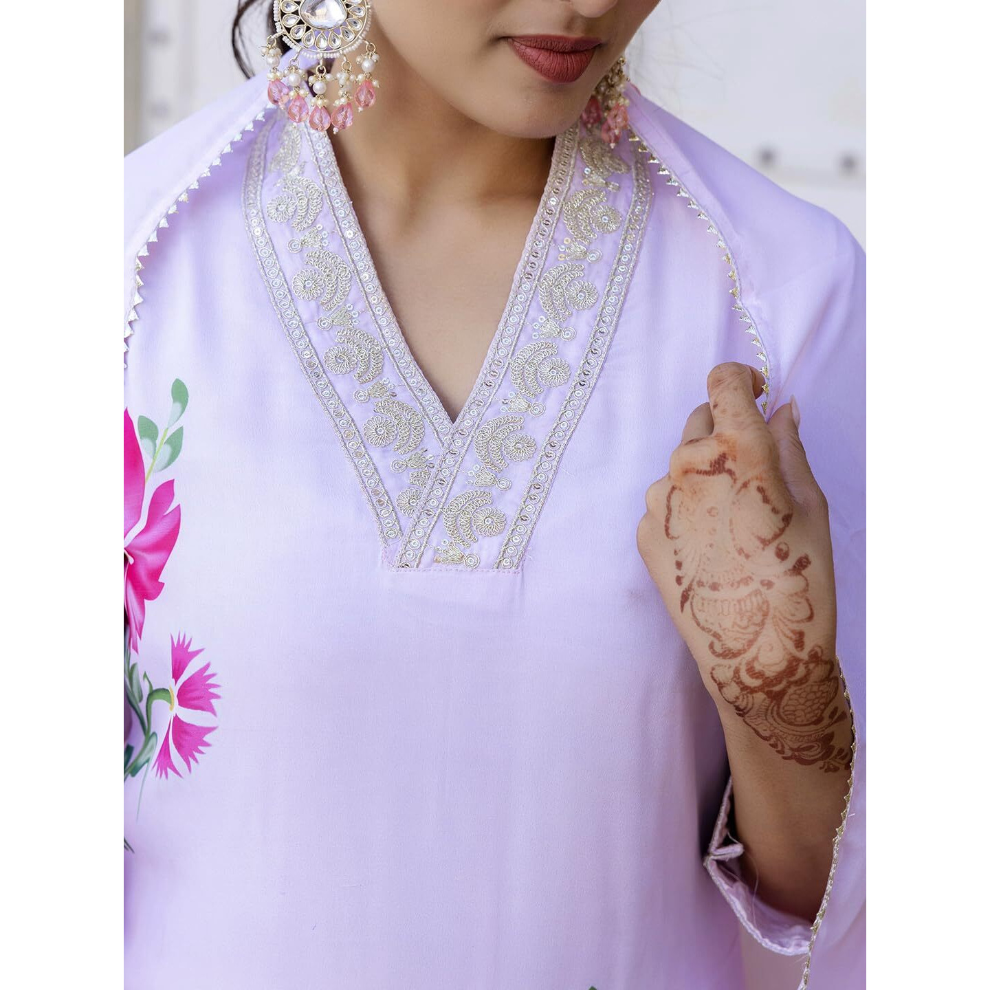 Navlik Women's French Crepe Embroidery Printed Straight Kurta with Pant and Dupatta Sets (NK-548)