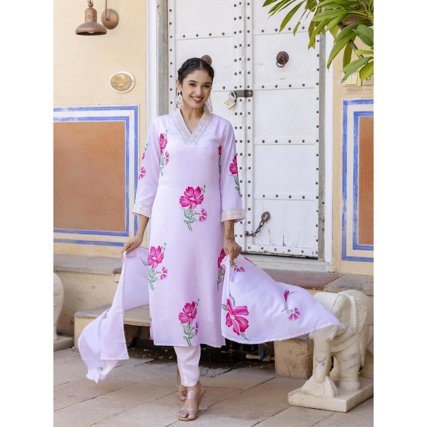 Navlik Women's French Crepe Embroidery Printed Straight Kurta with Pant and Dupatta Sets (NK-548)