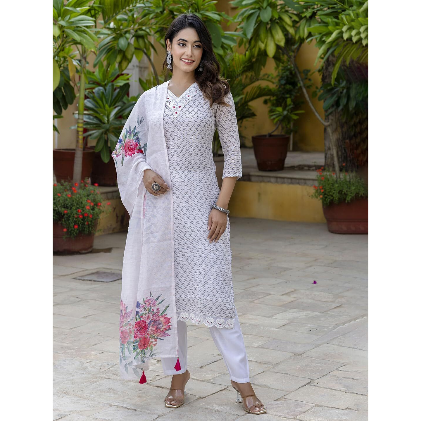 Navlik Women's Linen Cotton Embroidered Straight Kurta with Pant and Dupatta Sets (NK-550)