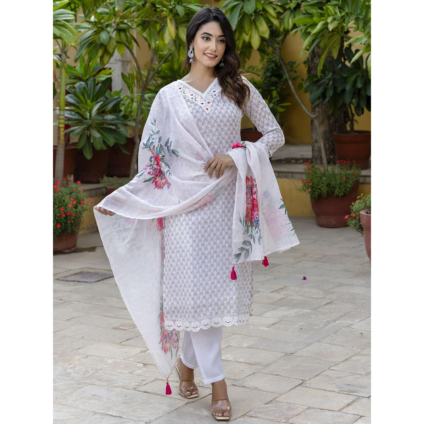 Navlik Women's Linen Cotton Embroidered Straight Kurta with Pant and Dupatta Sets (NK-550)