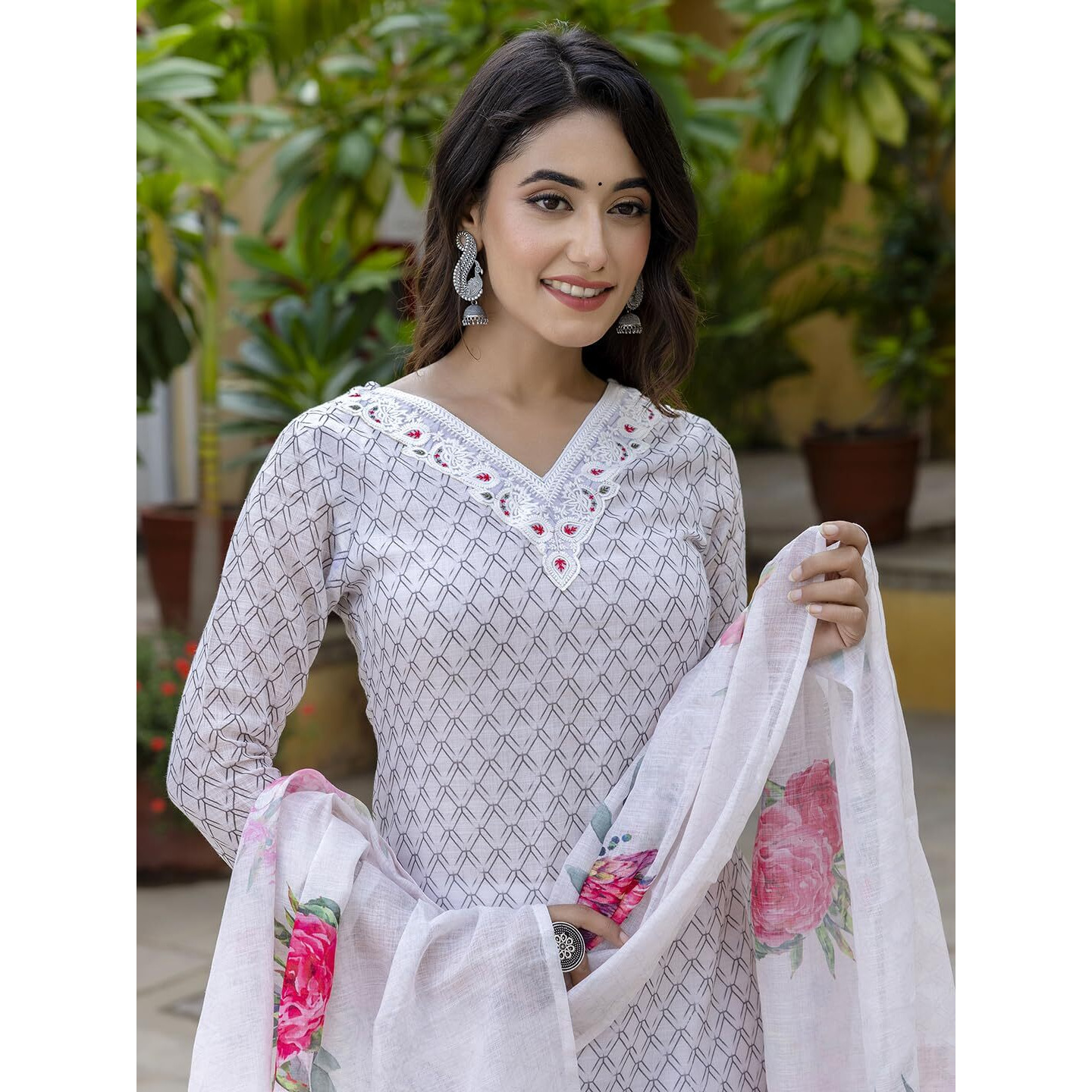 Navlik Women's Linen Cotton Embroidered Straight Kurta with Pant and Dupatta Sets (NK-550)