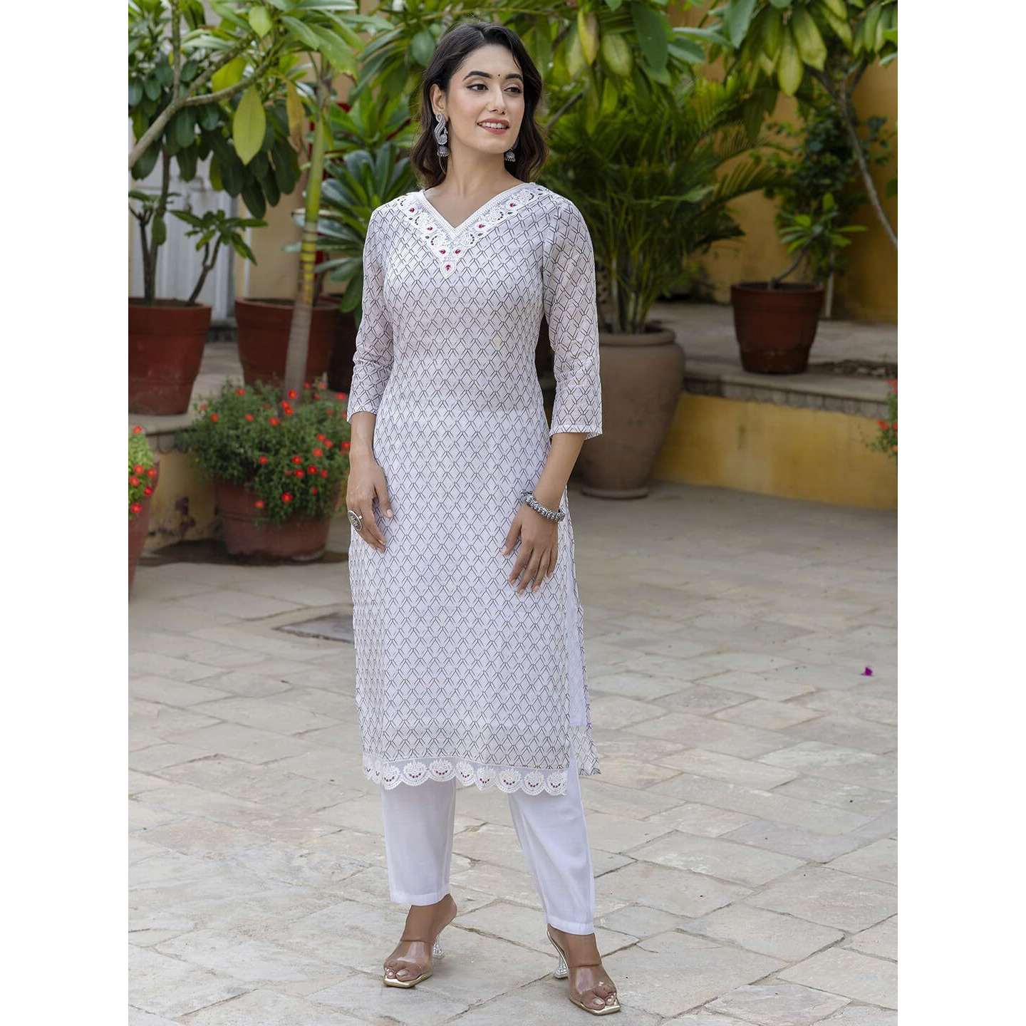 Navlik Women's Linen Cotton Embroidered Straight Kurta with Pant and Dupatta Sets (NK-550)