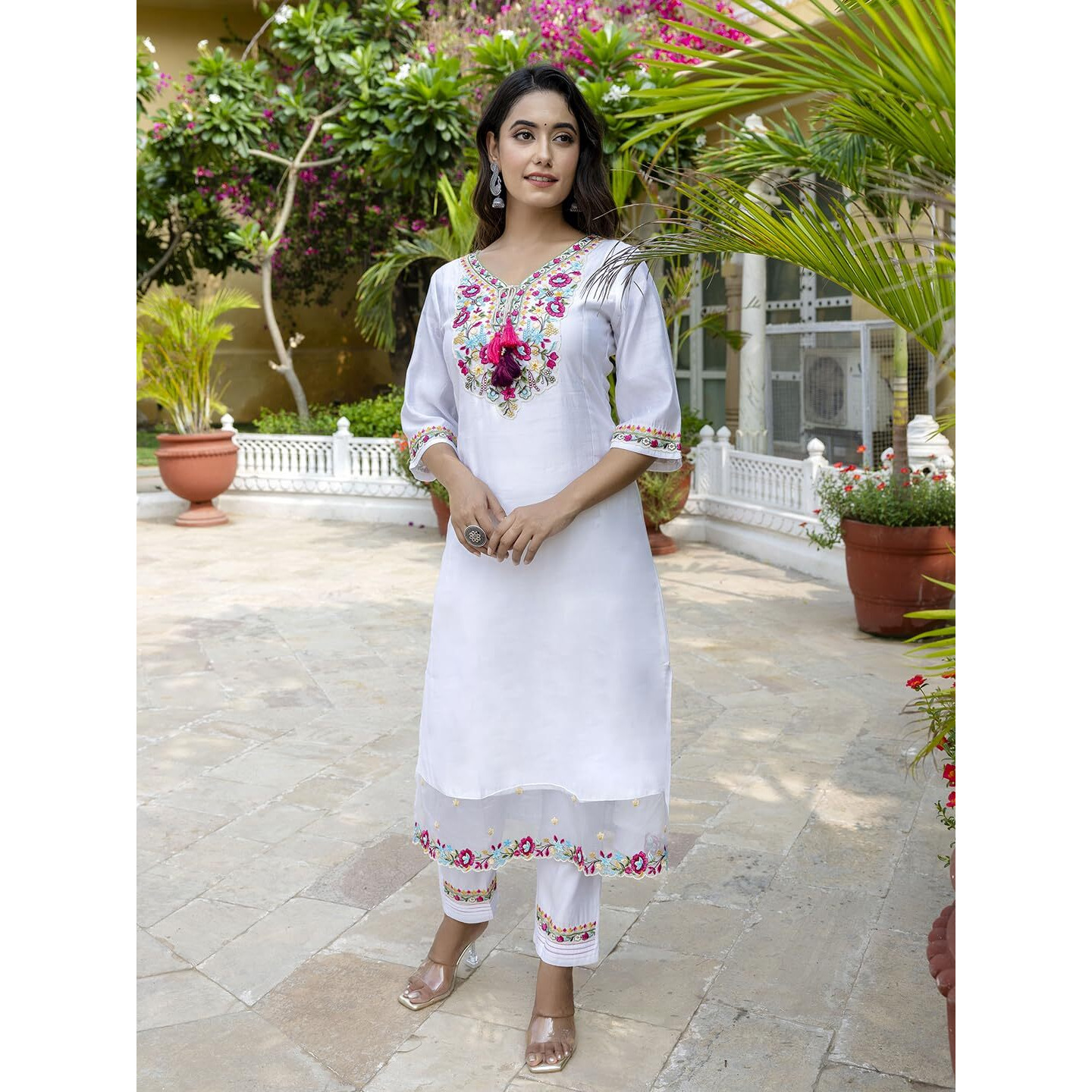 Navlik Women's Chanderi Embroidered Straight Kurta with Pant and Dupatta Sets (NK-552)