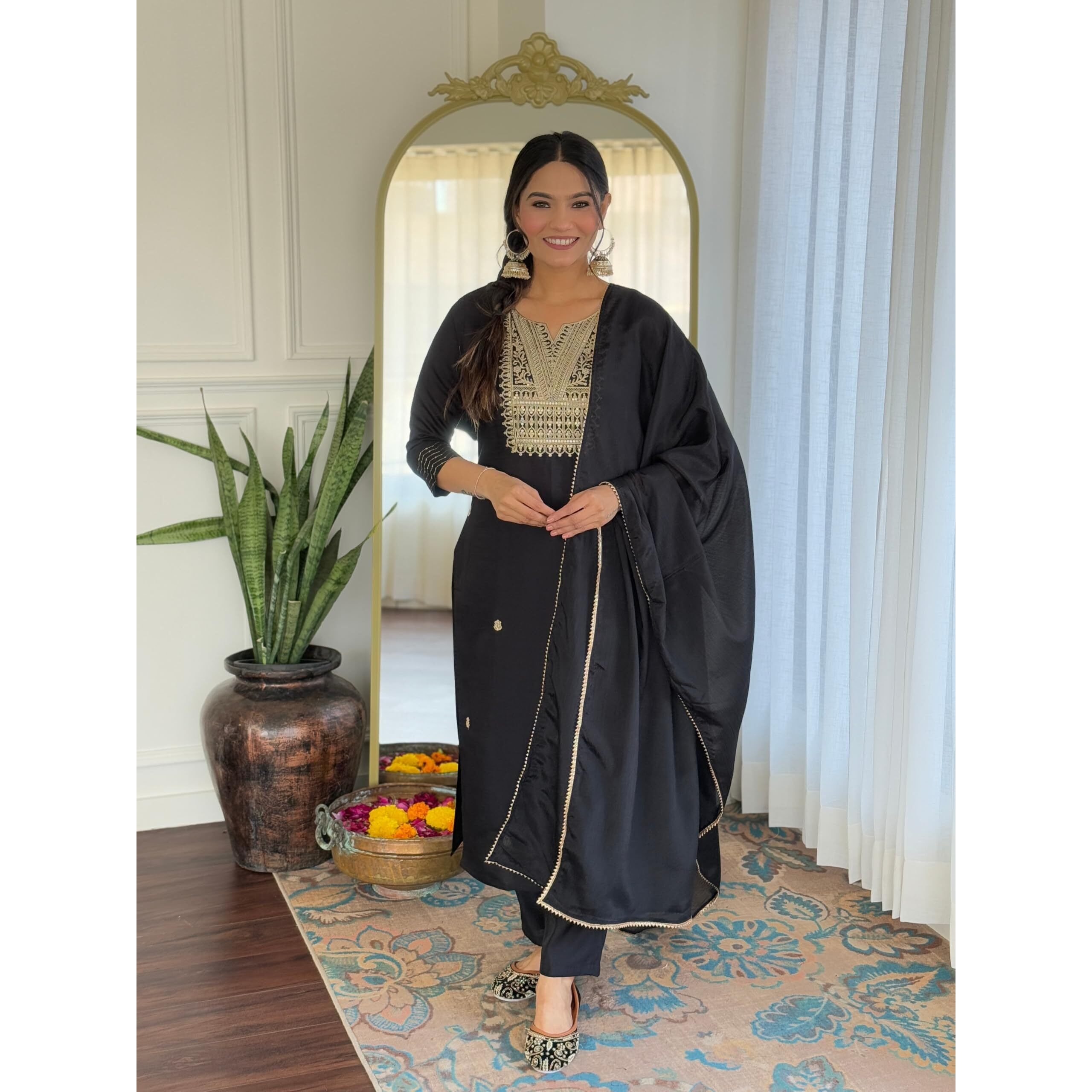 Navlik Women's Rayon Slub Embroidered Straight Kurta with Pant And Dupatta Sets (NK-554)