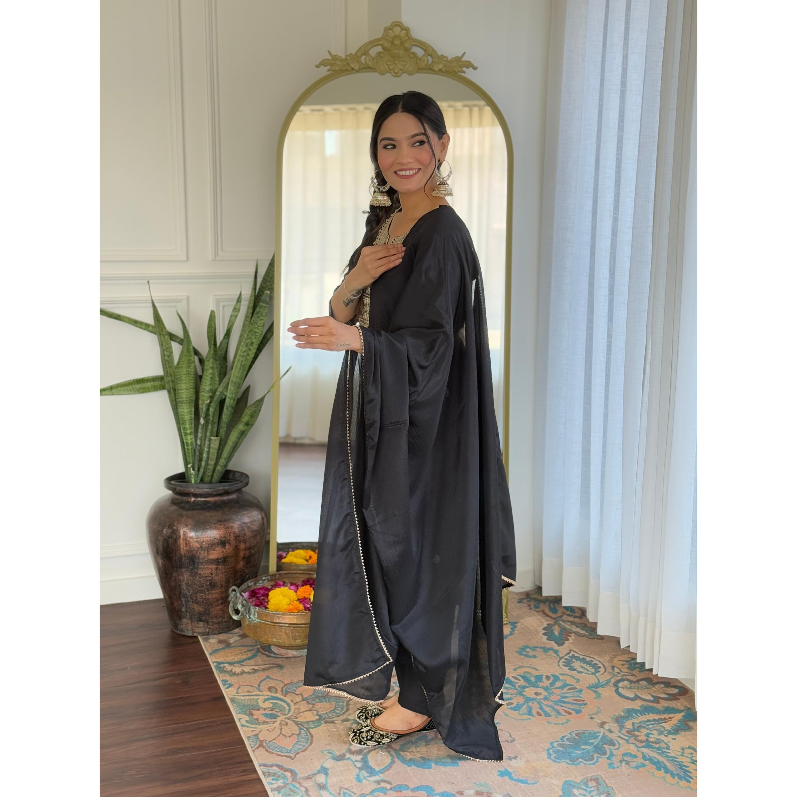 Navlik Women's Rayon Slub Embroidered Straight Kurta with Pant And Dupatta Sets (NK-554)