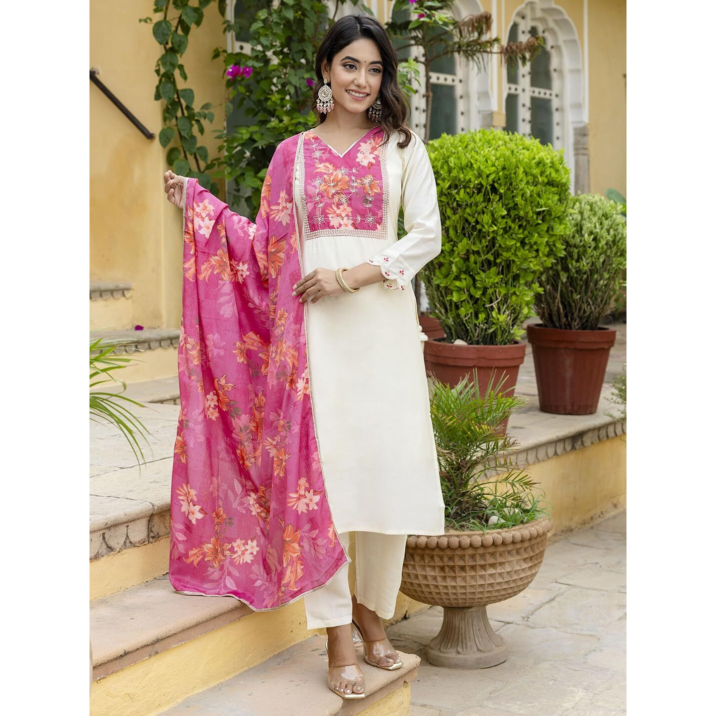 Navlik Women's Pink Chanderi with Cotton Lining Embroidered Straight Kurta with Chanderi Silk Pant and Crep Silk Printed Dupatta Sets (NK-557)