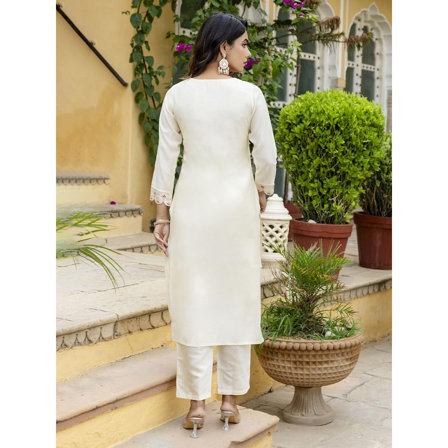 Navlik Women's Pink Chanderi with Cotton Lining Embroidered Straight Kurta with Chanderi Silk Pant and Crep Silk Printed Dupatta Sets (NK-557)