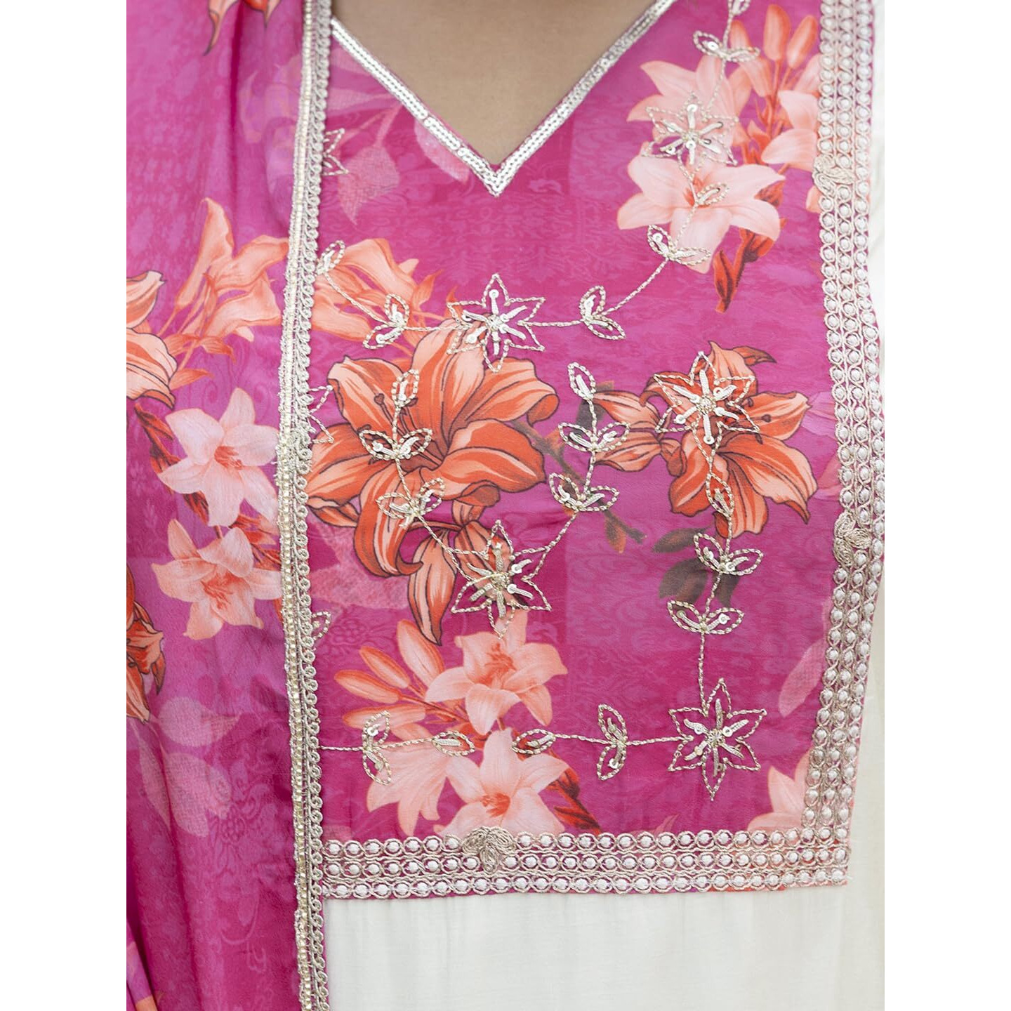 Navlik Women's Pink Chanderi with Cotton Lining Embroidered Straight Kurta with Chanderi Silk Pant and Crep Silk Printed Dupatta Sets (NK-557)
