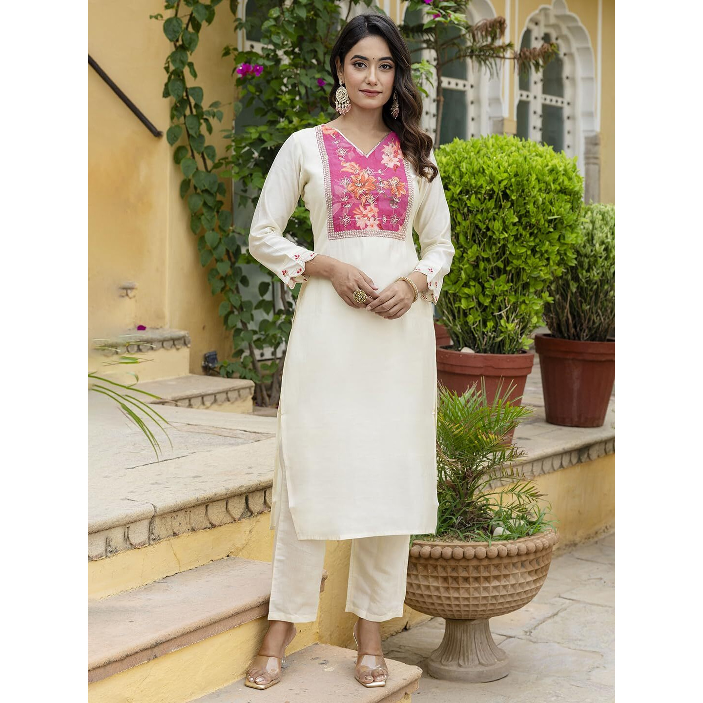 Navlik Women's Pink Chanderi with Cotton Lining Embroidered Straight Kurta with Chanderi Silk Pant and Crep Silk Printed Dupatta Sets (NK-557)