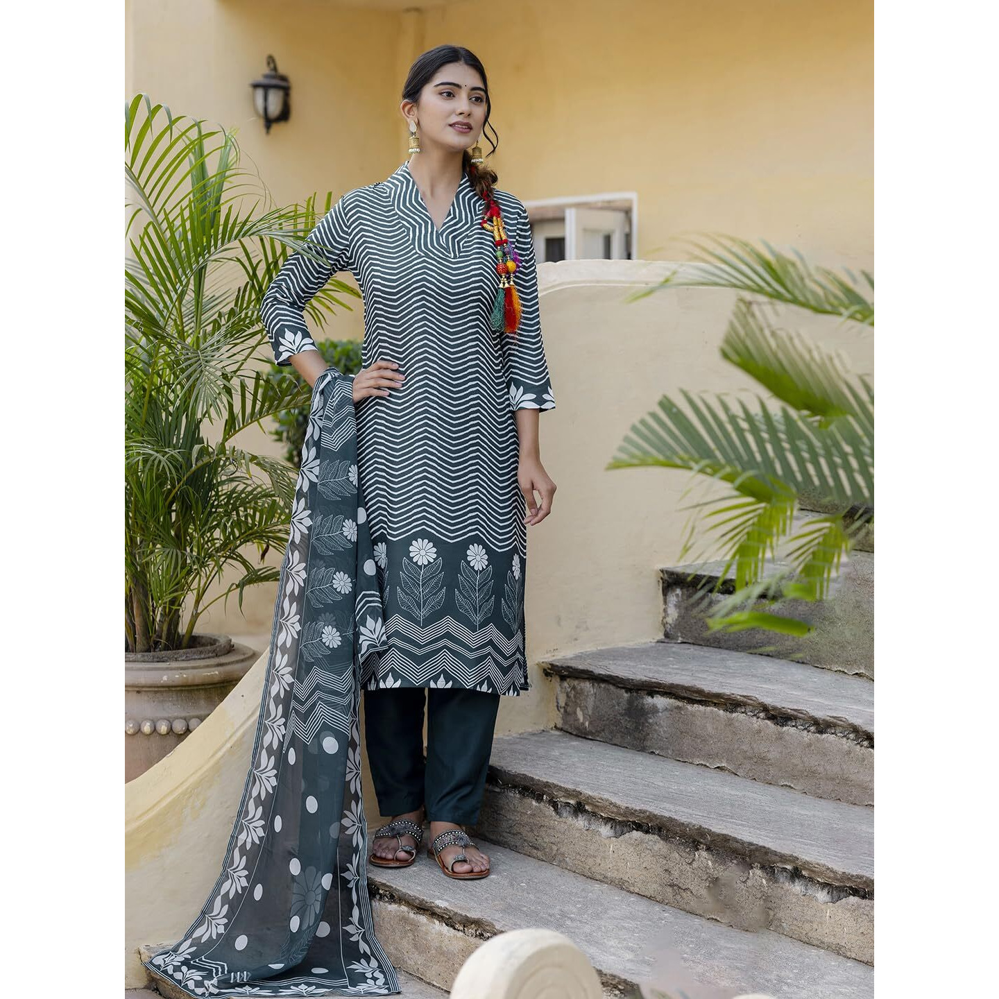 Navlik Women's Rayon Printed Straight Kurta with Pant and Dupatta Sets (NK-558)