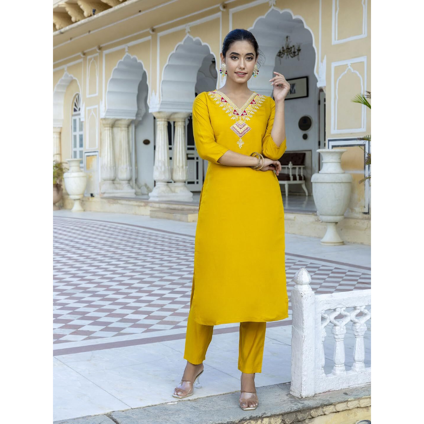 Navlik Women's Chanderi Embroidered Straight Kurta with Pant and Dupatta Sets (NK-561)