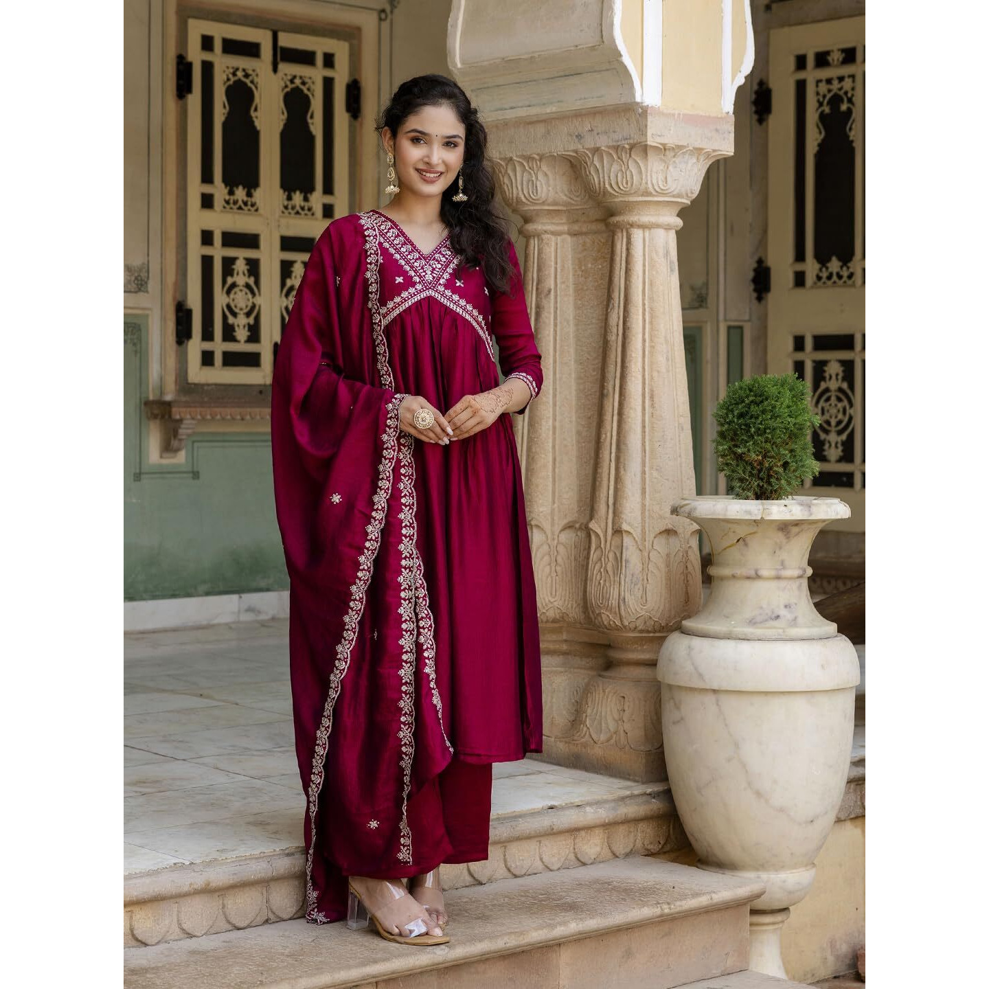 Navlik Women's Vichitra Silk Embroidered Straight Kurta with Pant and Dupatta Sets (NK-562)