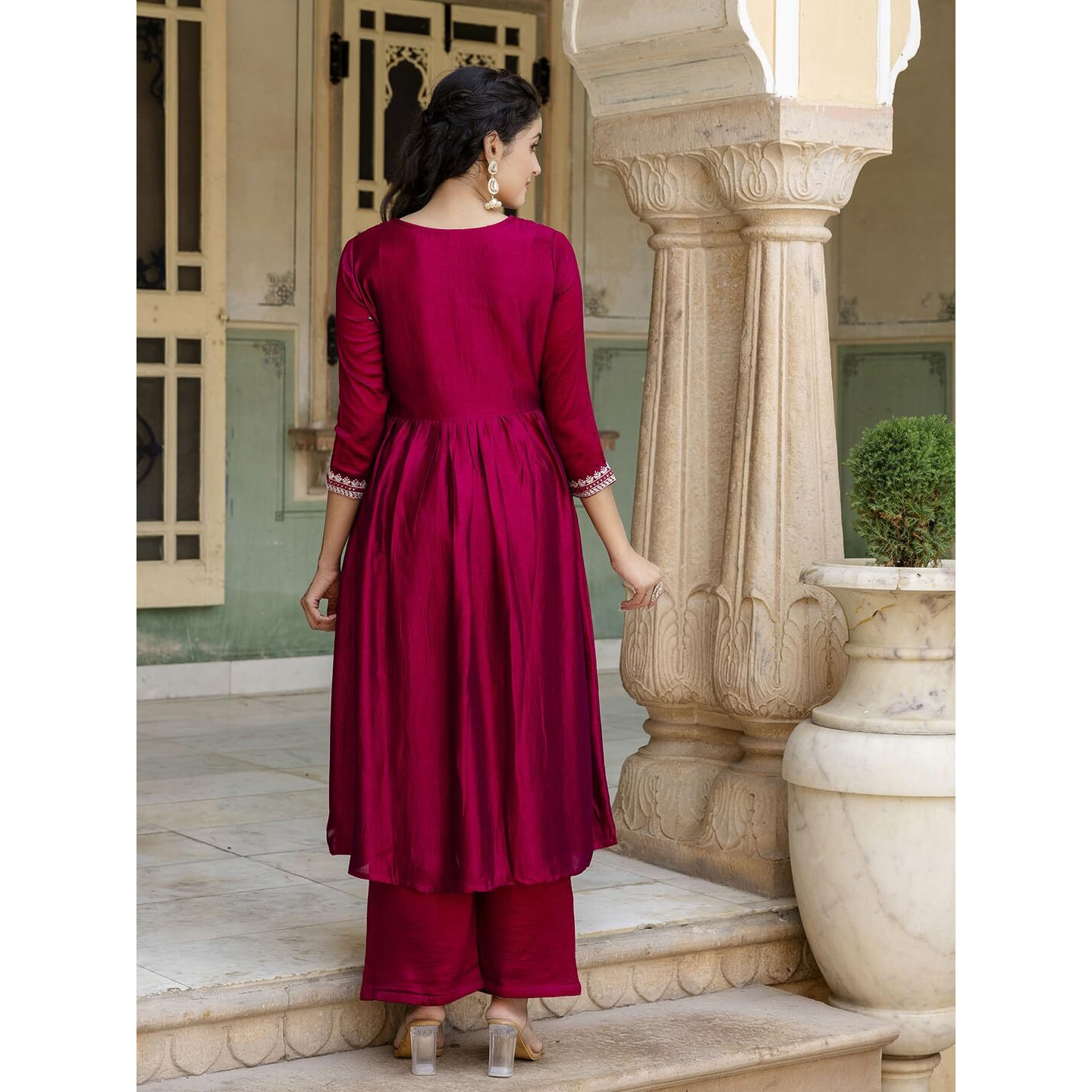 Navlik Women's Vichitra Silk Embroidered Straight Kurta with Pant and Dupatta Sets (NK-562)