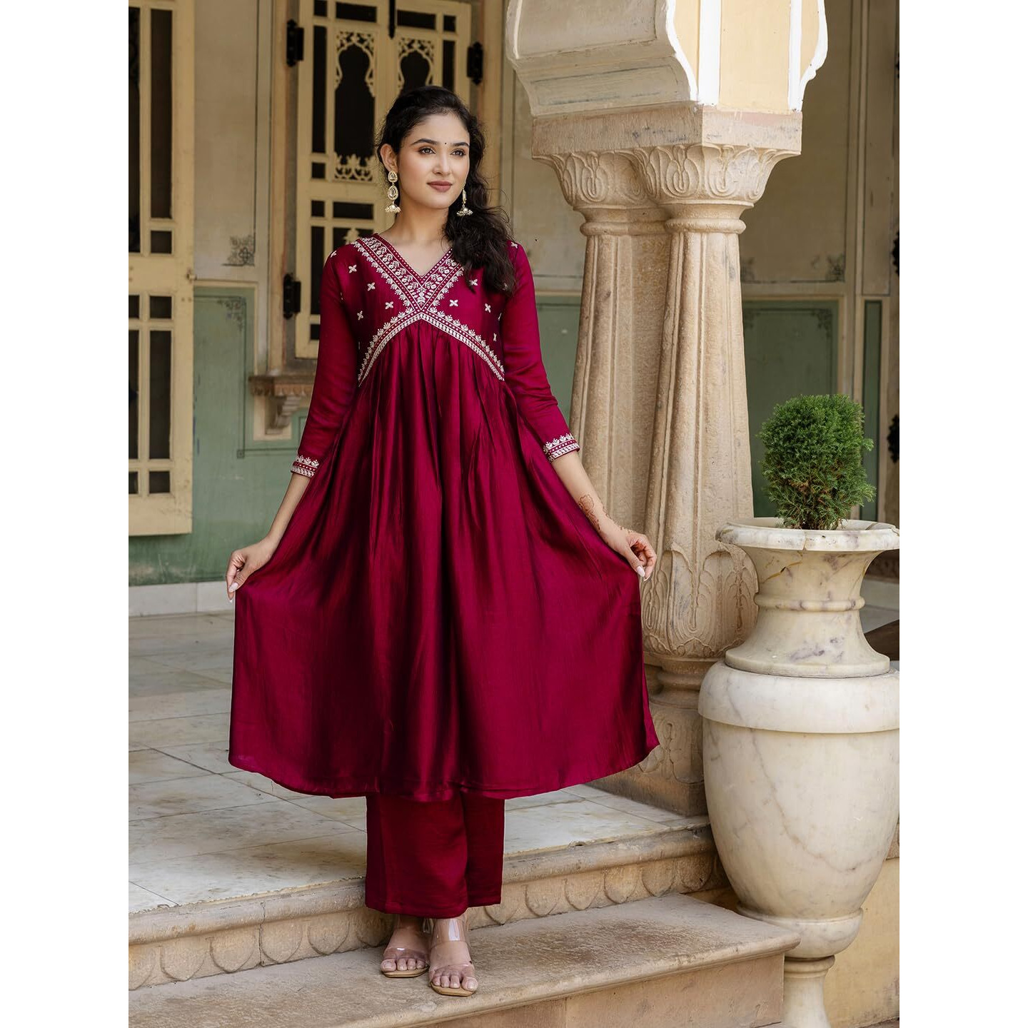 Navlik Women's Vichitra Silk Embroidered Straight Kurta with Pant and Dupatta Sets (NK-562)