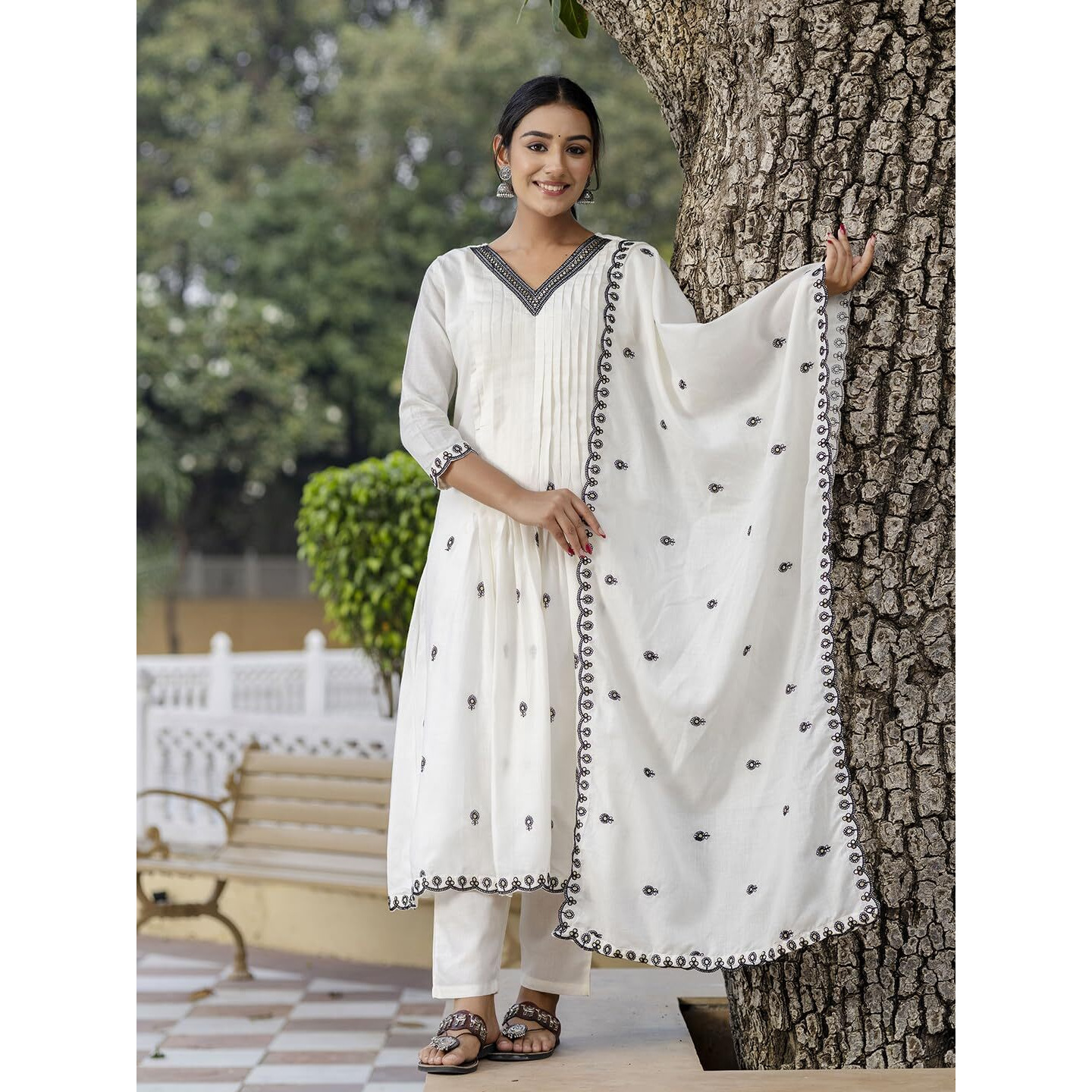 Navlik Women's Off White Cotton with Cotton Lining Embroidered Flared Kurta with Cotton Pant and Cotton Embroidered Dupatta Sets (NK-565)