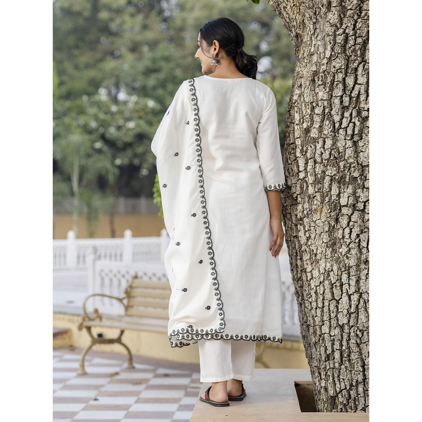 Navlik Women's Off White Cotton with Cotton Lining Embroidered Flared Kurta with Cotton Pant and Cotton Embroidered Dupatta Sets (NK-565)