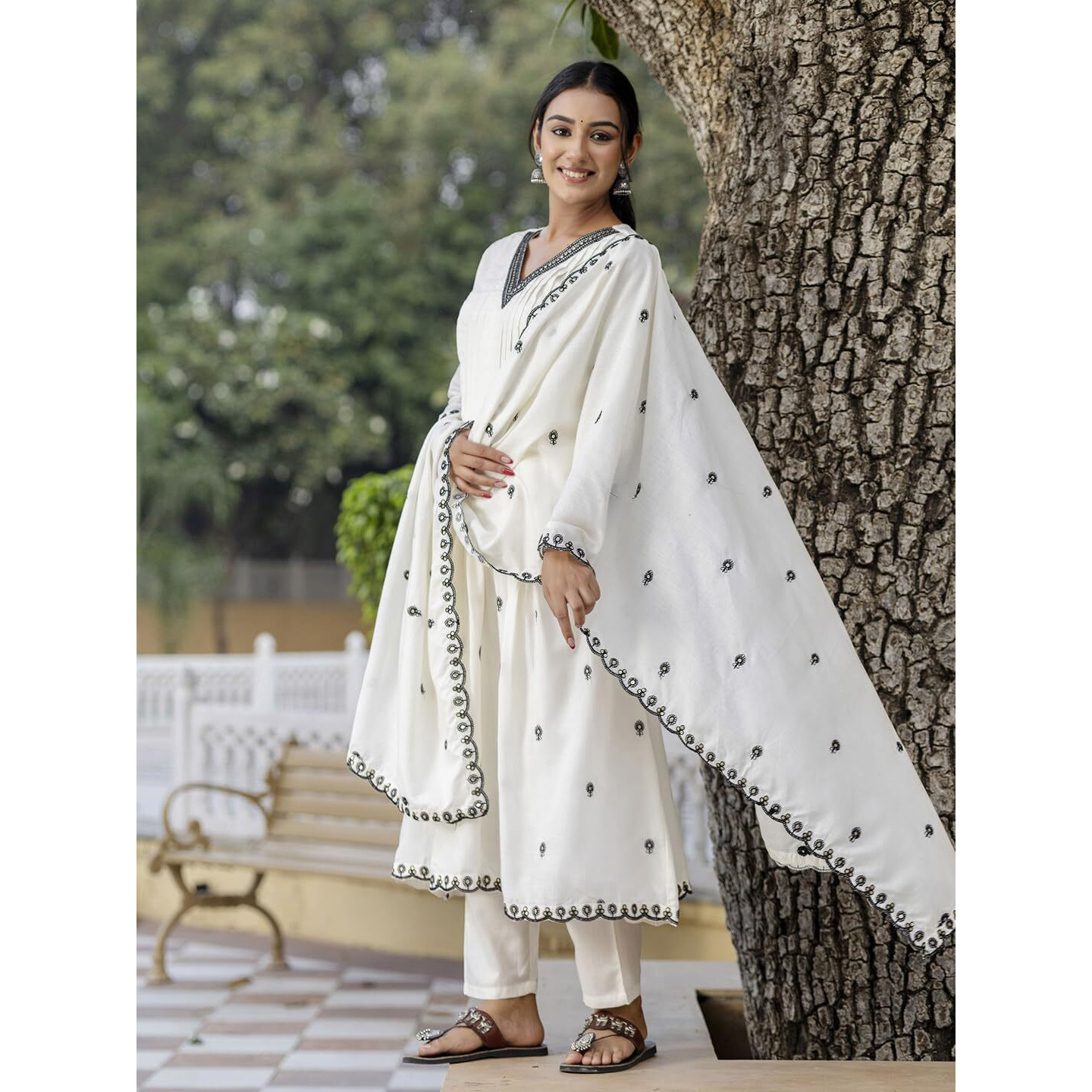 Navlik Women's Off White Cotton with Cotton Lining Embroidered Flared Kurta with Cotton Pant and Cotton Embroidered Dupatta Sets (NK-565)
