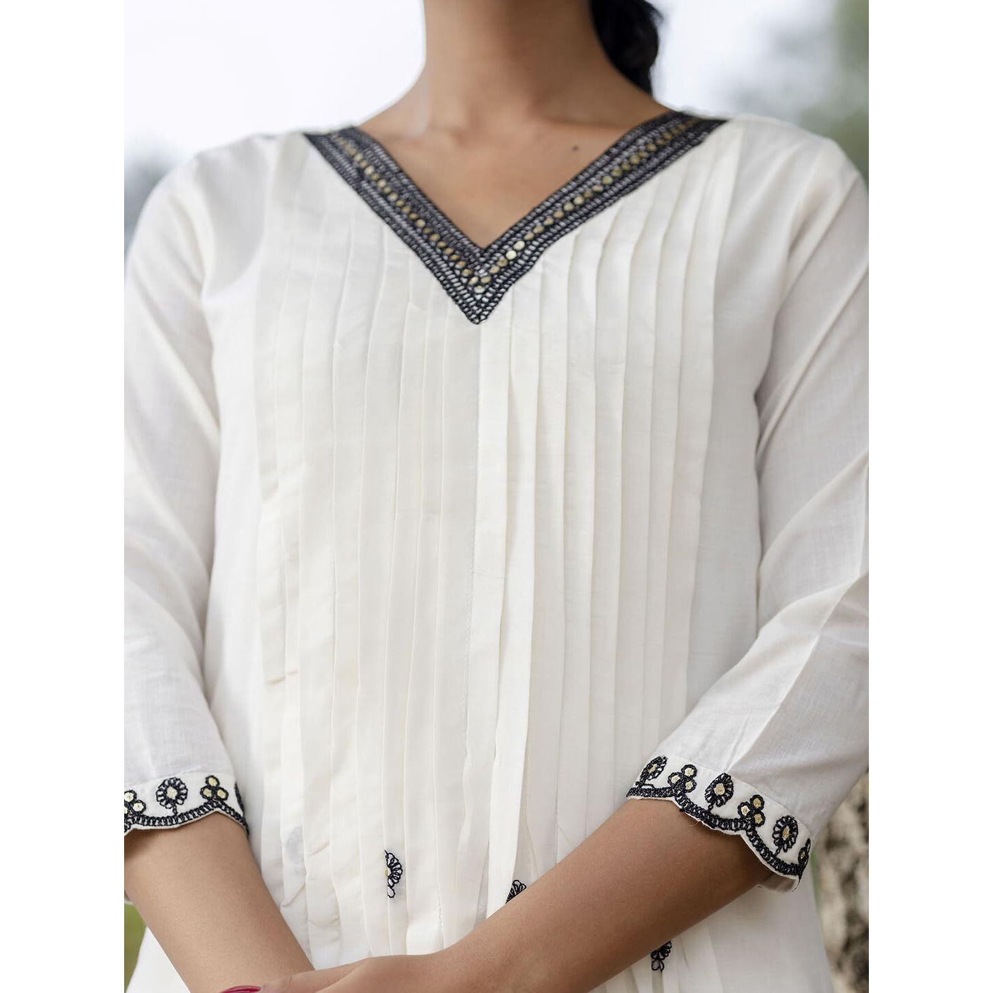 Navlik Women's Off White Cotton with Cotton Lining Embroidered Flared Kurta with Cotton Pant and Cotton Embroidered Dupatta Sets (NK-565)