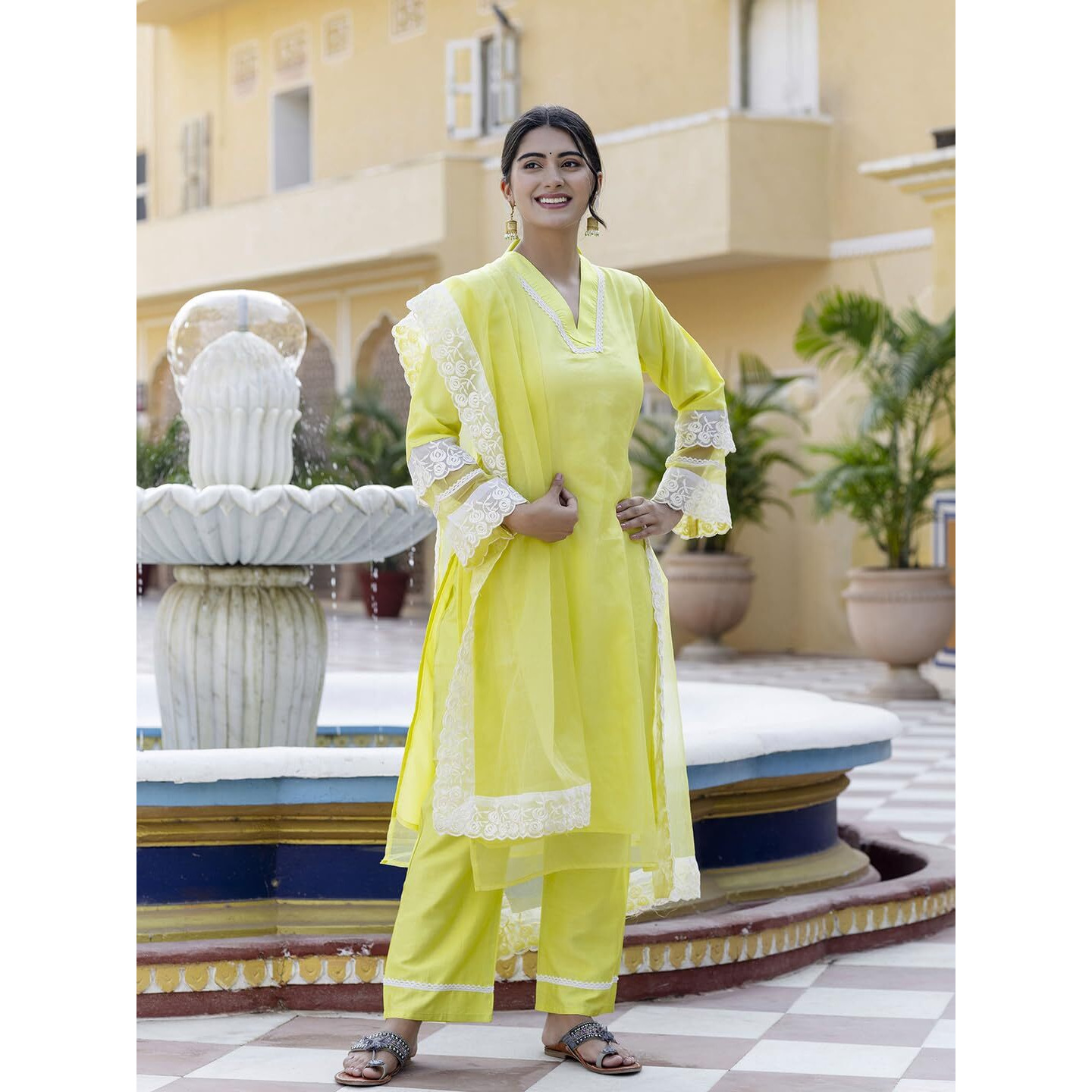Navlik Women's Lemon Yellow Organza Embroidered Straight Kurta with Organza Pant And Organza Laced Dupatta Sets (NK-566)