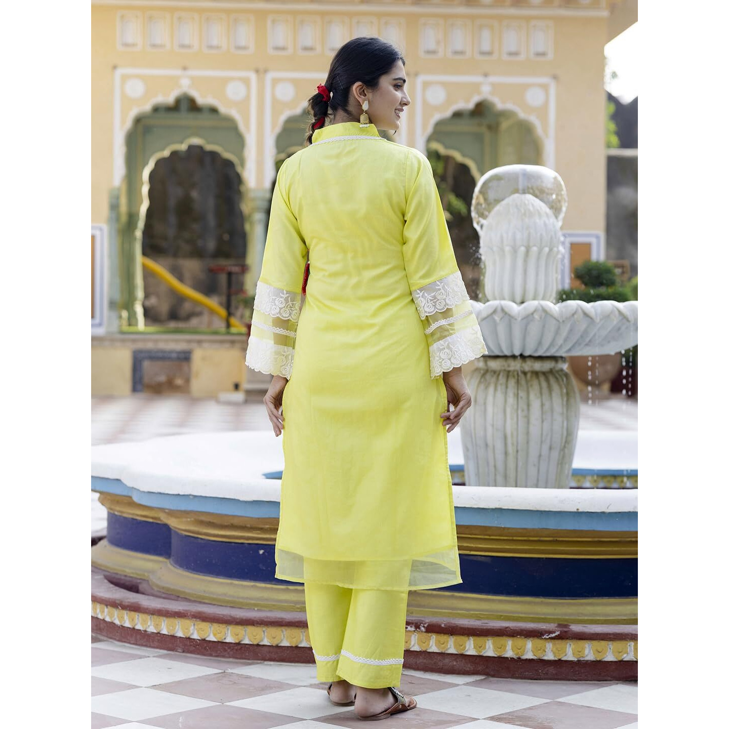 Navlik Women's Lemon Yellow Organza Embroidered Straight Kurta with Organza Pant And Organza Laced Dupatta Sets (NK-566)